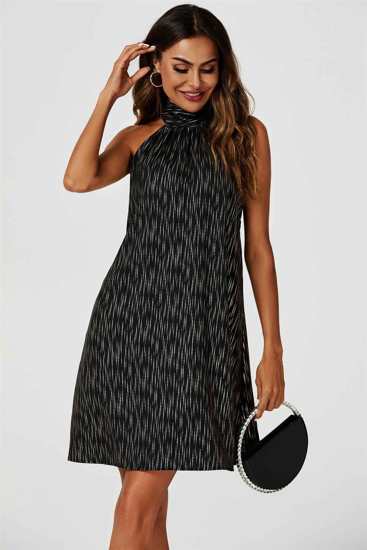 Gold Foil Halter Neck Tie Back Mini Dress In Black
