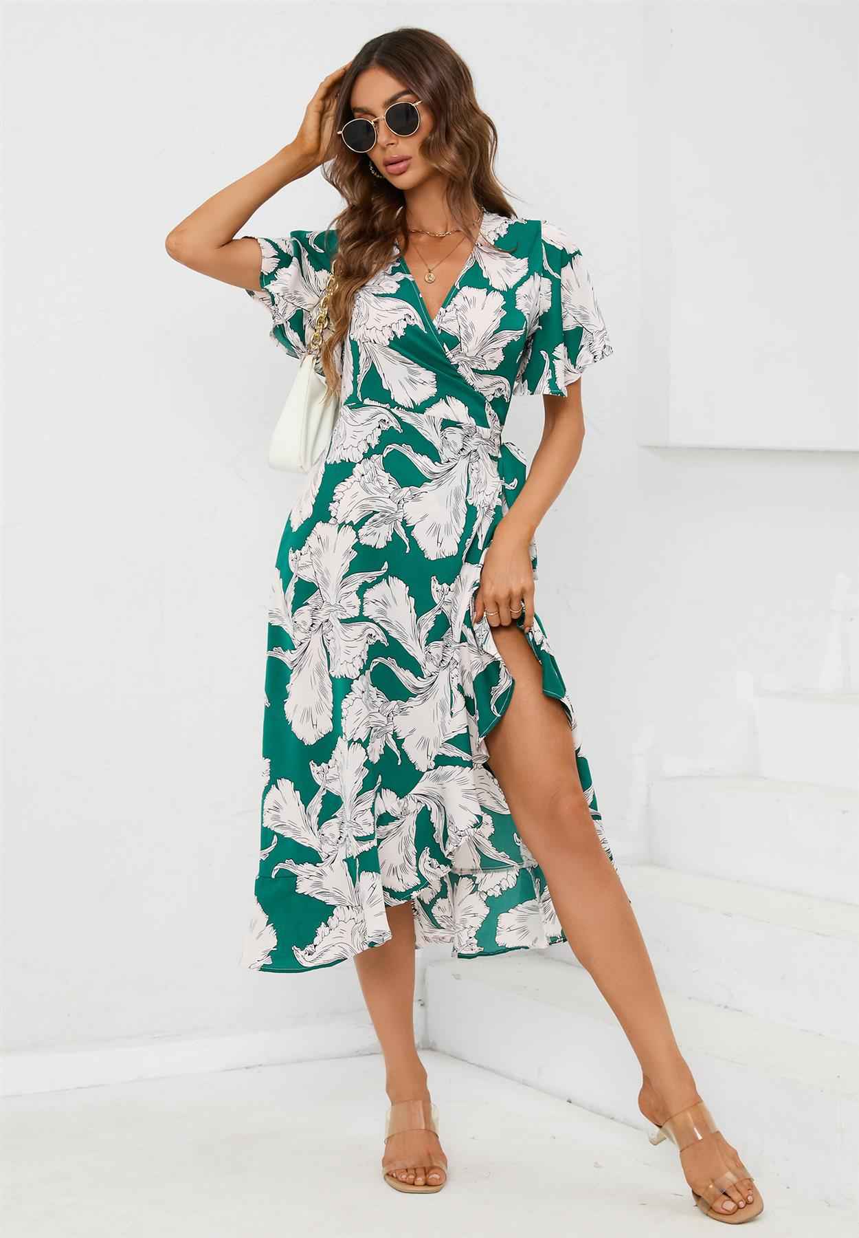 Angel Sleeve Wrap Midi Dress In Green