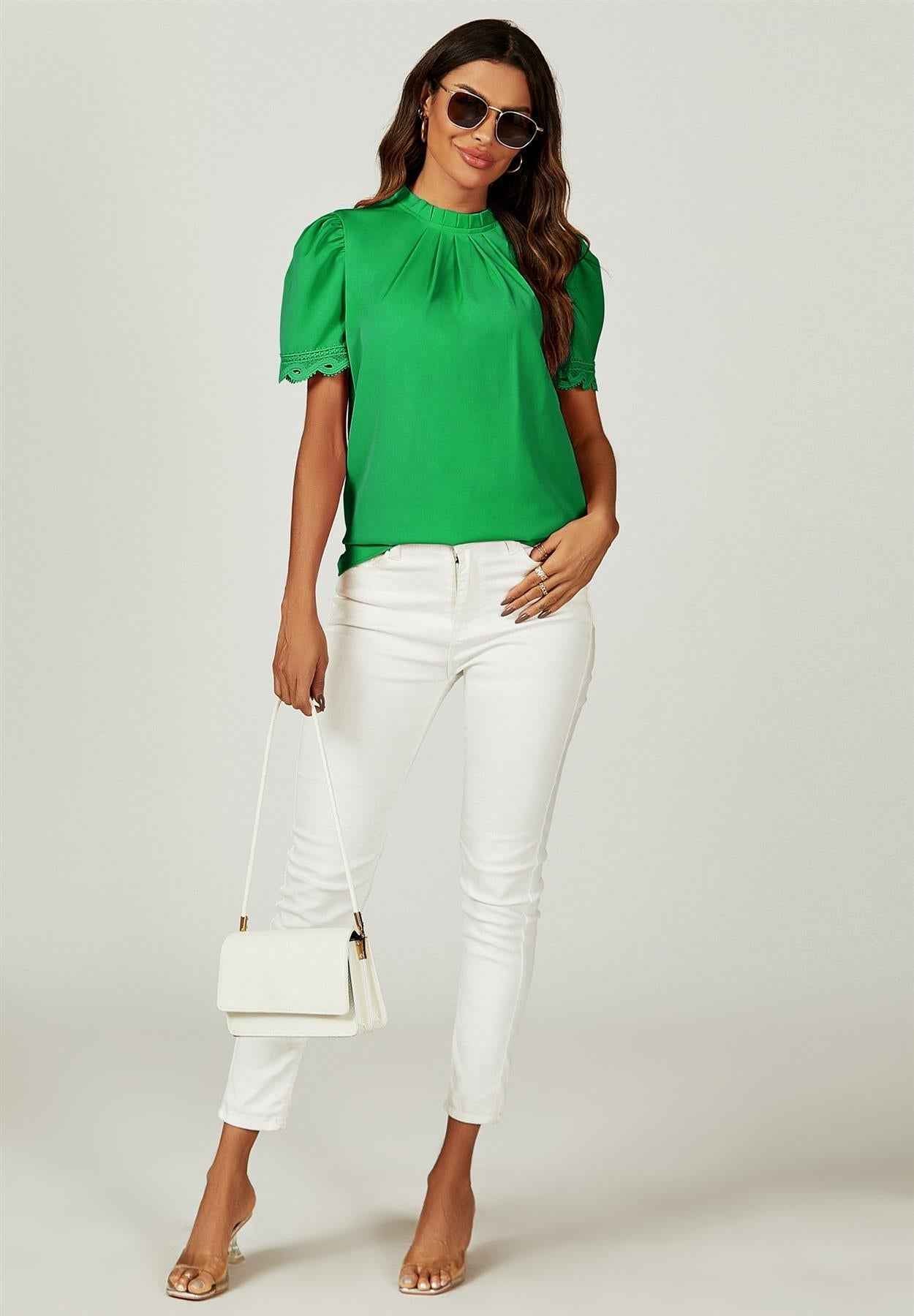 Lace Trim Detail Short Sleeve High Neck Blouse Top In Green
