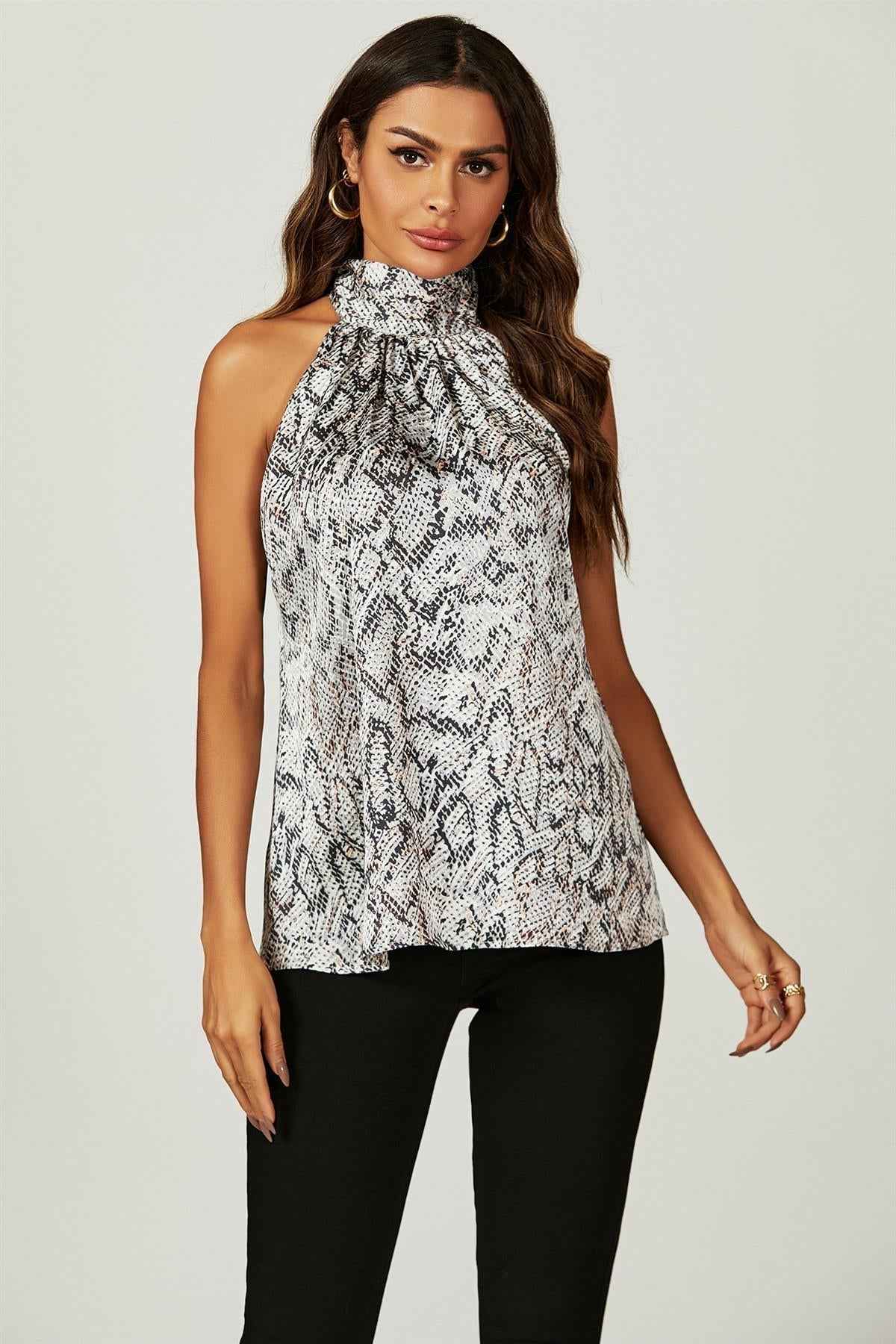 Satin Snake Print Halter Neck Tie Back Top In Silver Grey