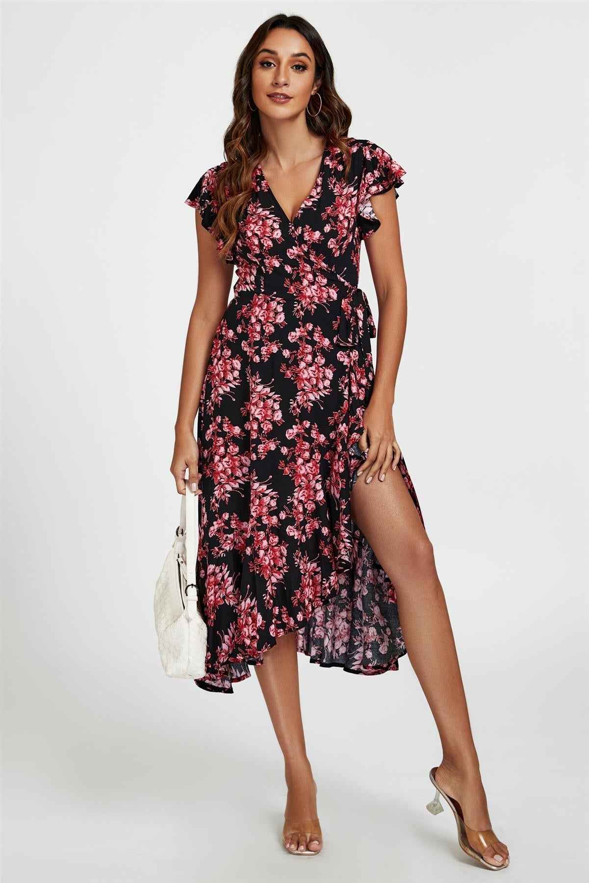 Pink Floral Frill Sleeve Midi Wrap Dress In Black