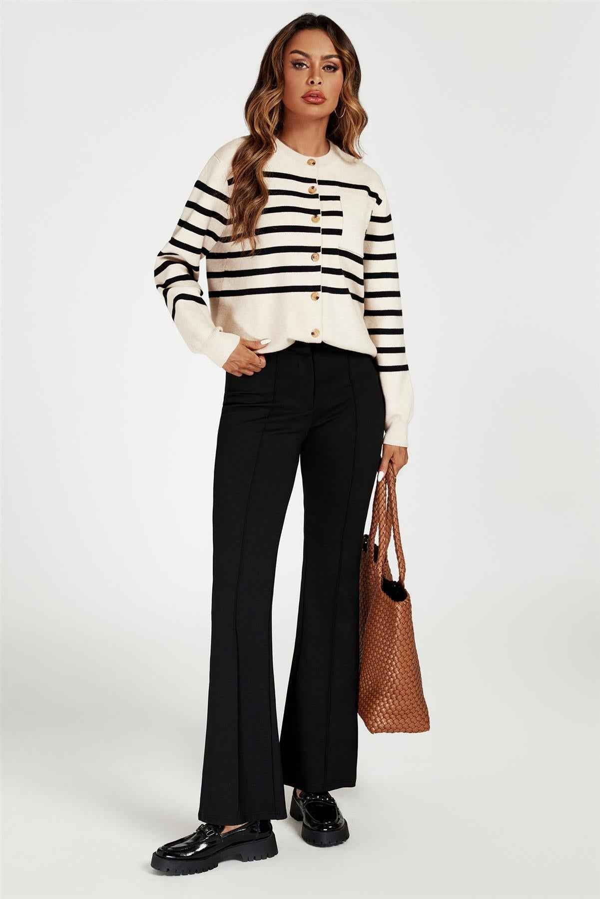 Pocket Stripe Knitted Cardigan In Cream