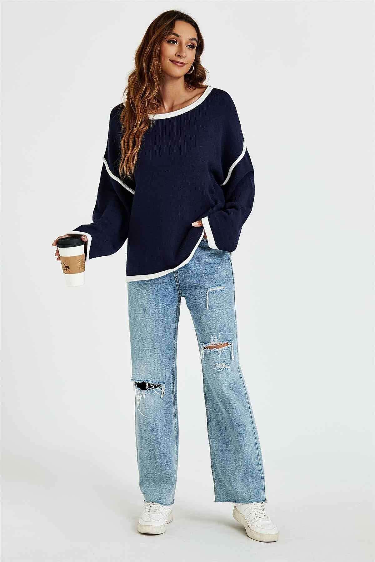 White Striped Oversized Jumper Top In Navy