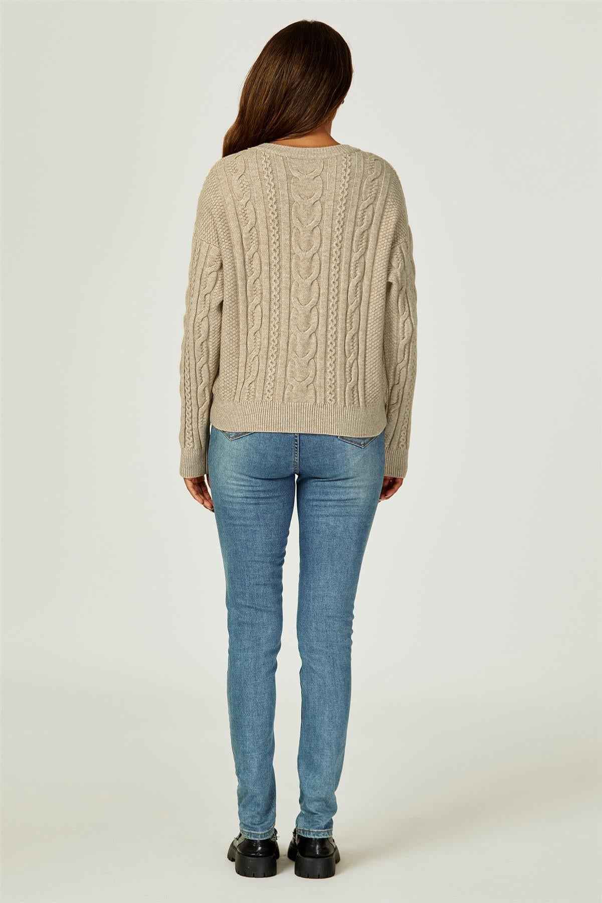 Cable Knit Crew Neck Jumper In Taupe