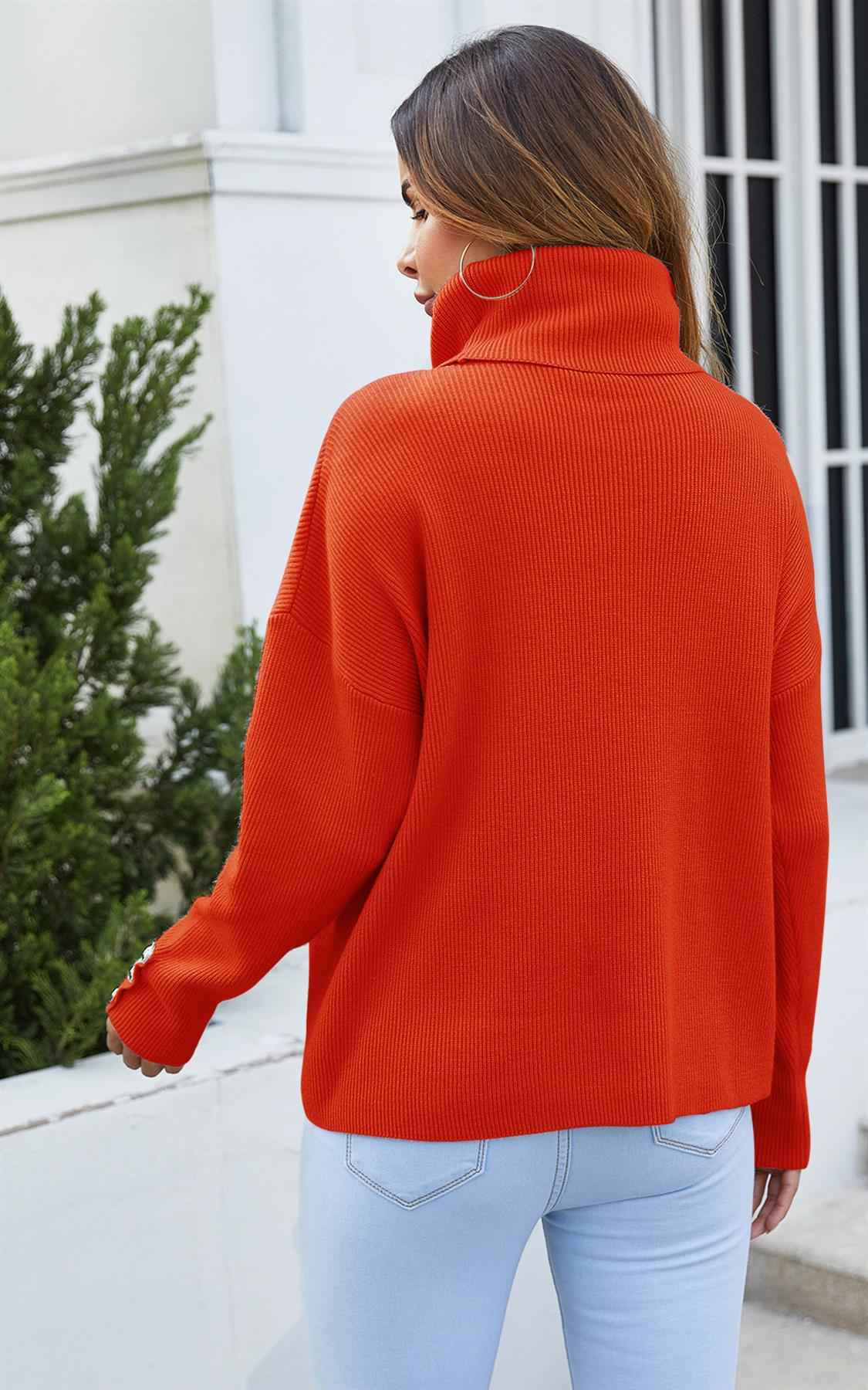 Button Detail On Sleeve Jumper Top With High Neck In Orange Red