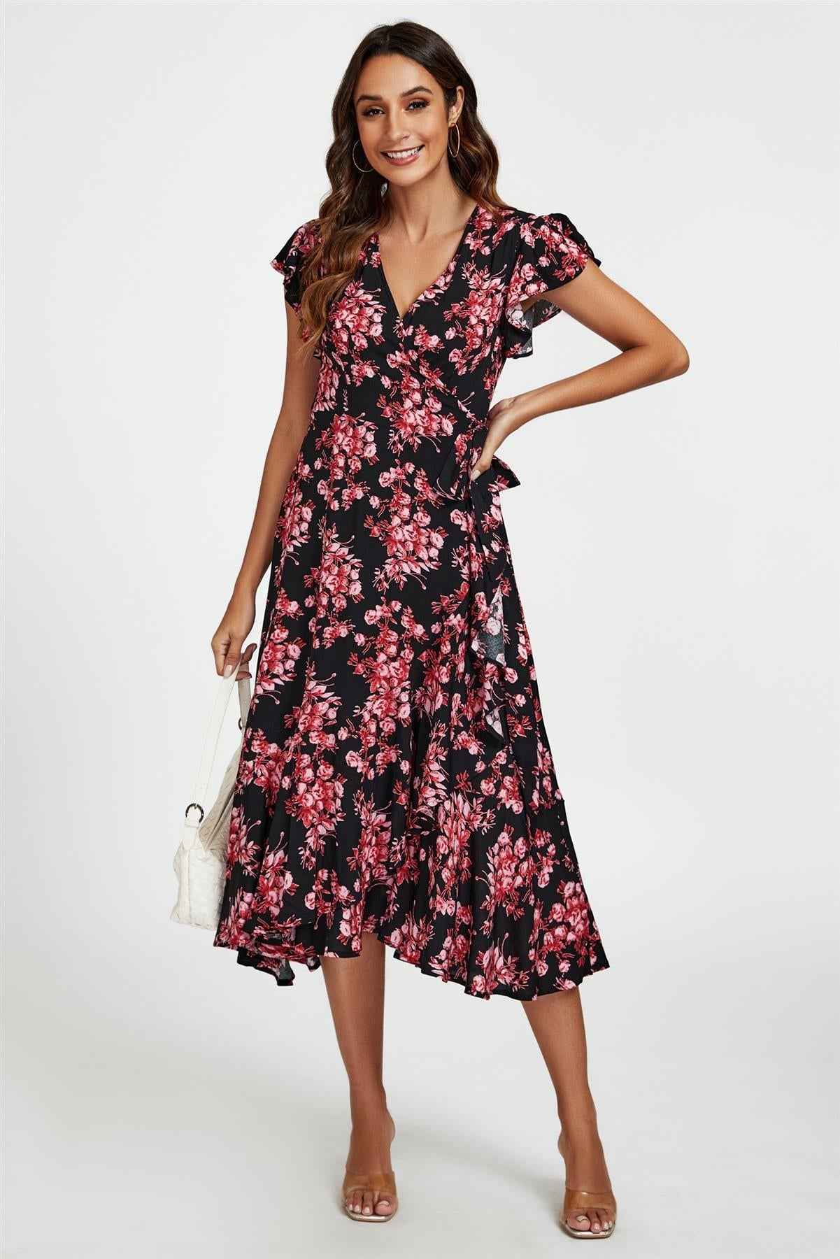 Pink Floral Frill Sleeve Midi Wrap Dress In Black