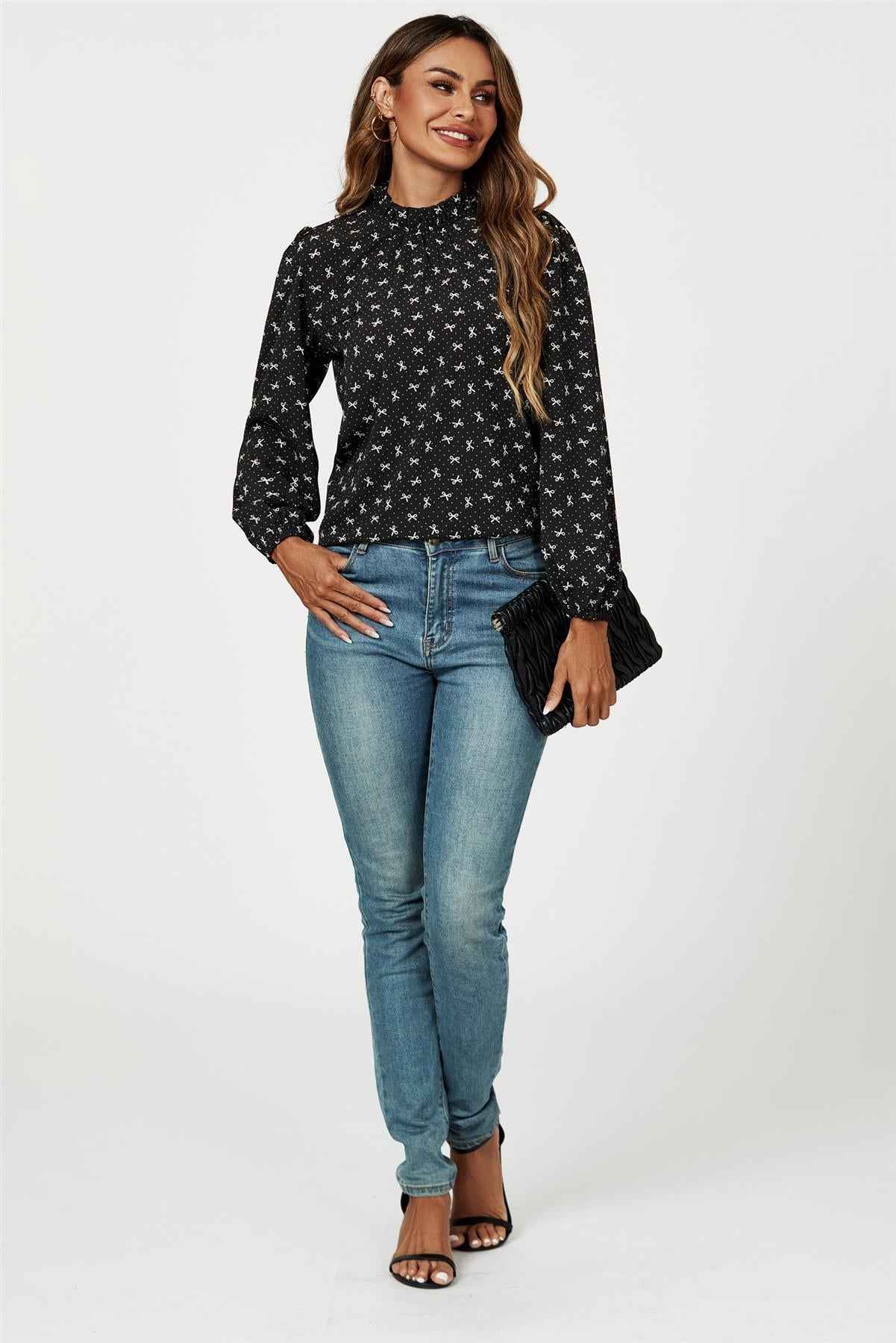 Bow Print Frill Detail High Neck Top In Black