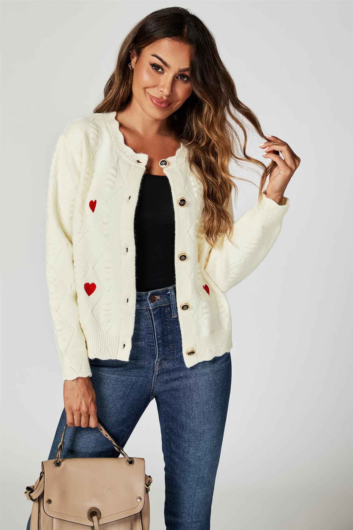 Heart Embroidered Knitted Cardigan In Cream