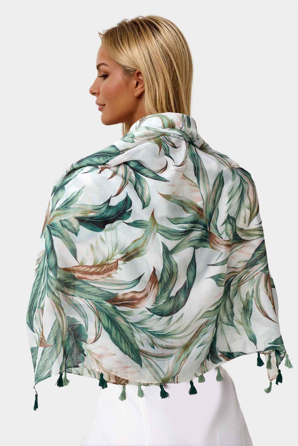 Green Leaf Print Tassel Scarf In White
