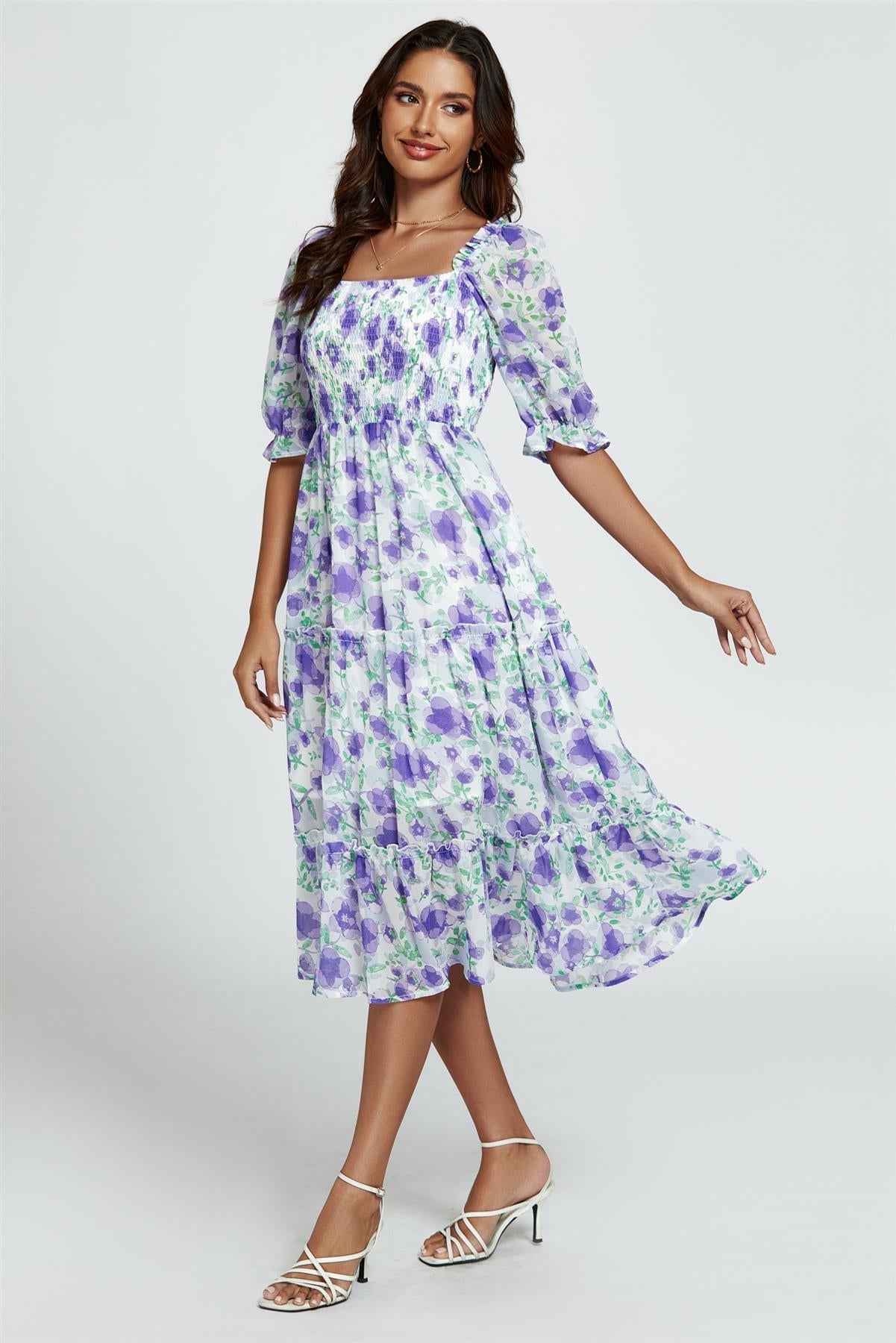 Floral Print Bardot Puff Sleeve Elasticated Detail Midi Dress In White
