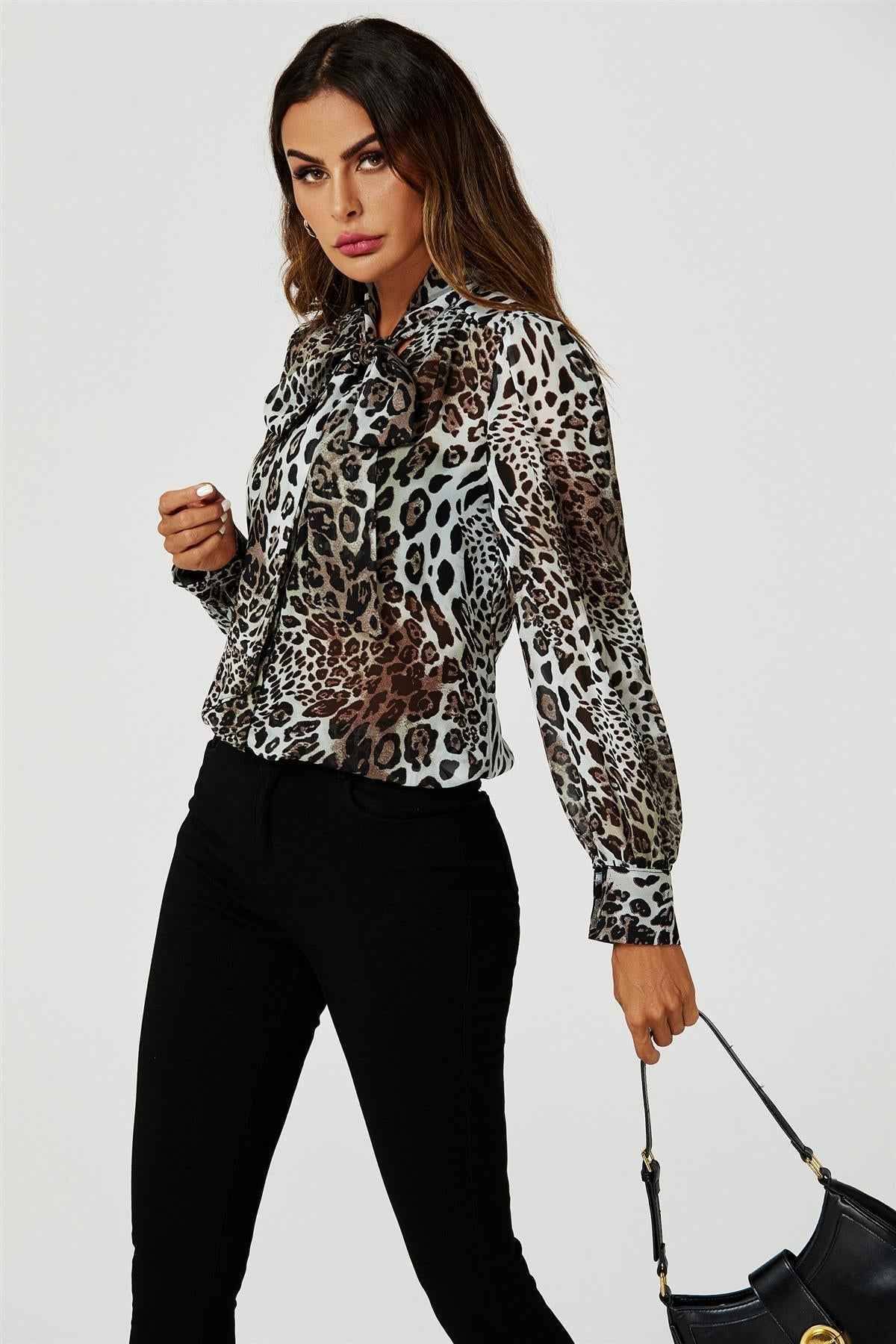 Tie Detail long sleeve Blouse Top In Beige