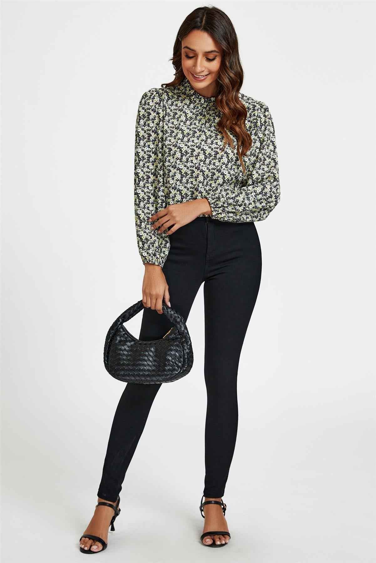 Multi Floral Print Frill Detail High Neck Top In Yellow