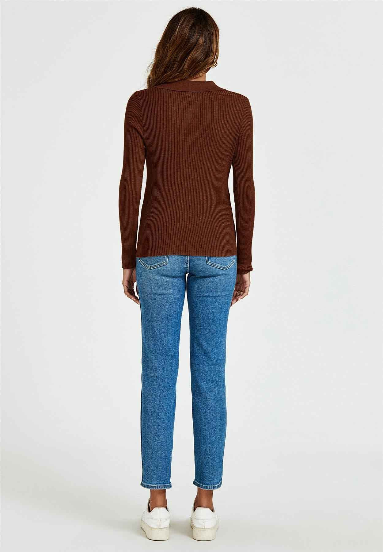 Morgan collar Double Breasted Knit Top In Brown
