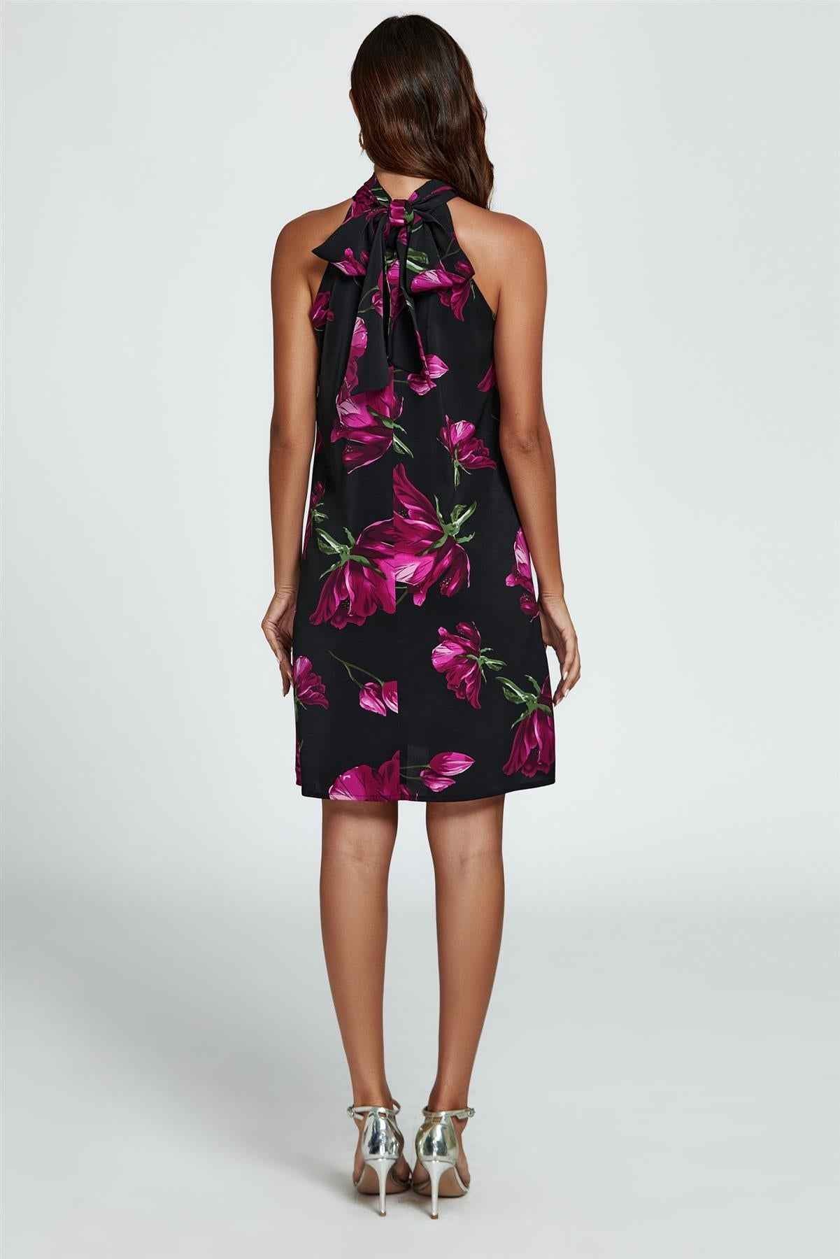 Floral Print Halter Neck Tie Back Mini Dress In Black