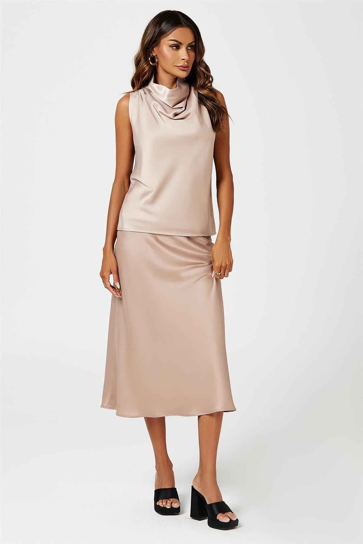 Satin High Neck Sleeveless Blouse In Light Brown