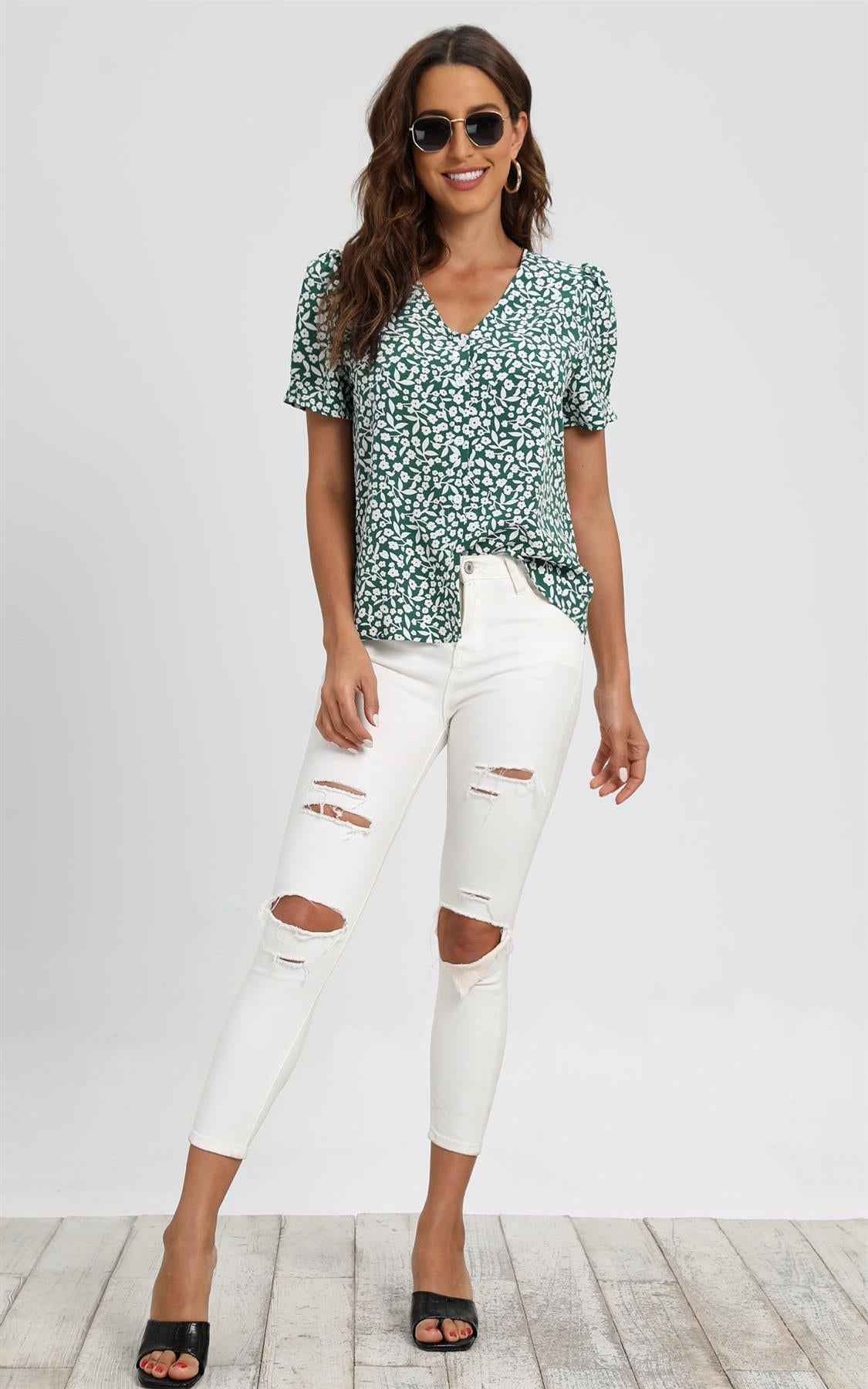 Short Sleeve Buttoned Blouse Top In Green & White Flora  Print
