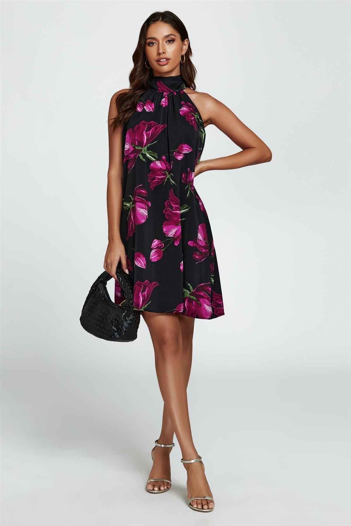 Floral Print Halter Neck Tie Back Mini Dress In Black