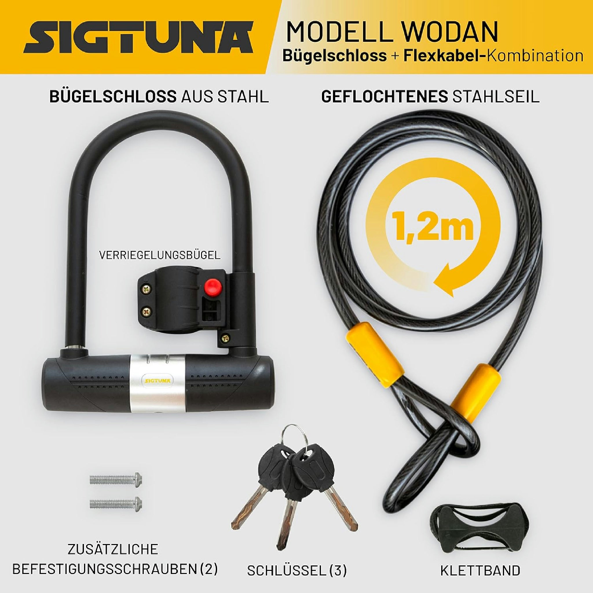 SIGTUNA Antivol Velo avec 1,2m Câble, 16 mm Robuste Antivol de Vélo et Support, 3 Clés de Haute Sécurité pour Vélo de Route, Vélo Pliant, Moto (Jaune) Hauptansicht