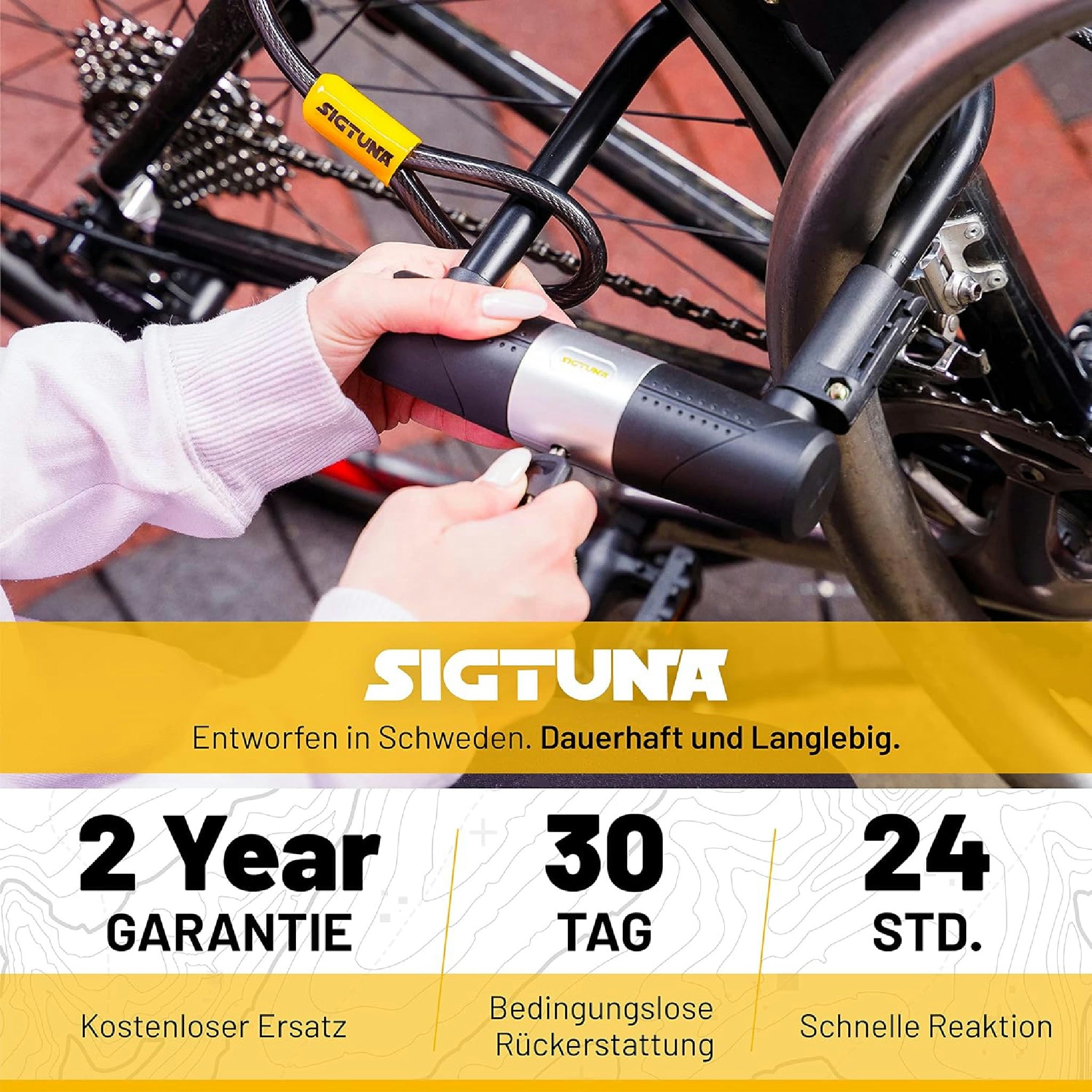 SIGTUNA Antivol Velo avec 1,2m Câble, 16 mm Robuste Antivol de Vélo et Support, 3 Clés de Haute Sécurité pour Vélo de Route, Vélo Pliant, Moto (Jaune) Hauptansicht