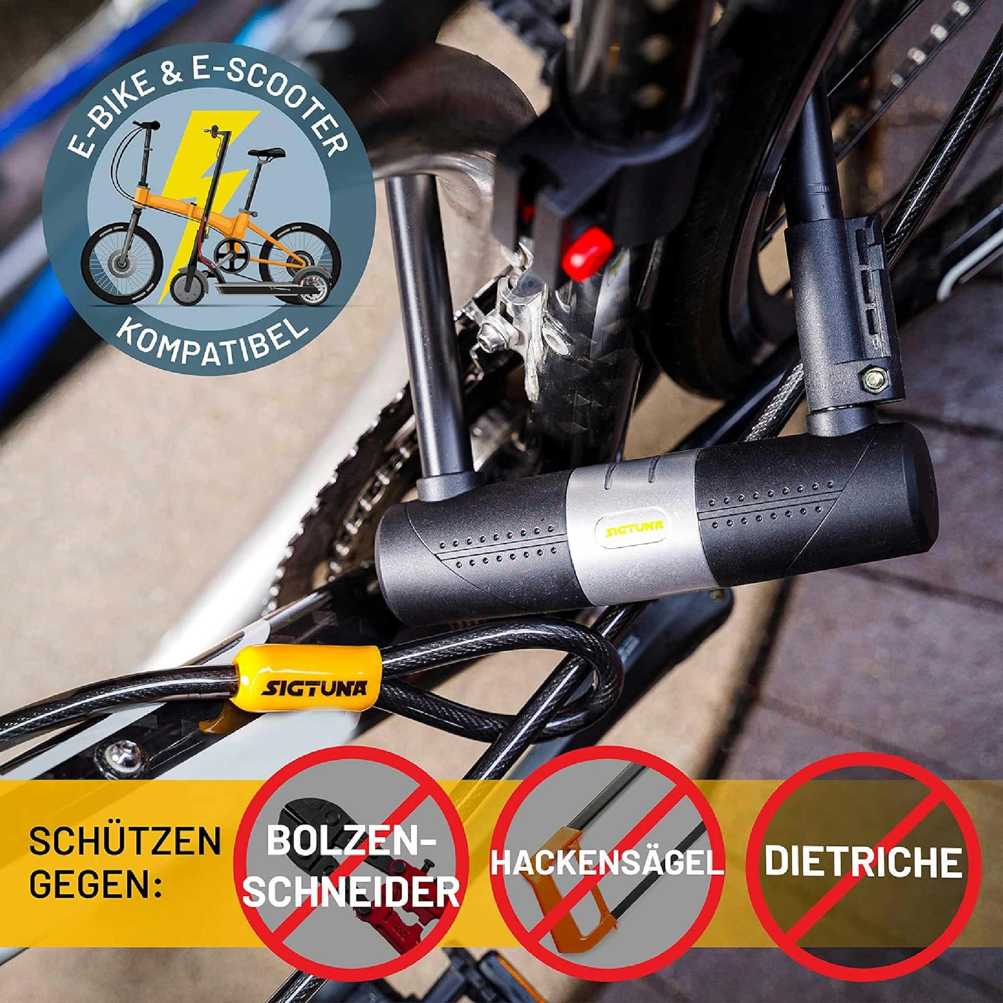 SIGTUNA Antivol Velo avec 1,2m Câble, 16 mm Robuste Antivol de Vélo et Support, 3 Clés de Haute Sécurité pour Vélo de Route, Vélo Pliant, Moto (Jaune) Hauptansicht