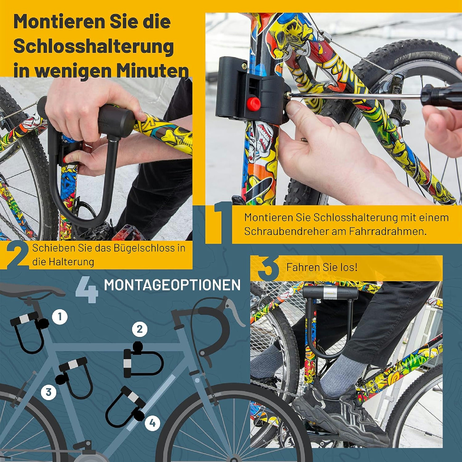 SIGTUNA Antivol Velo avec 1,2m Câble, 16 mm Robuste Antivol de Vélo et Support, 3 Clés de Haute Sécurité pour Vélo de Route, Vélo Pliant, Moto (Jaune) Hauptansicht