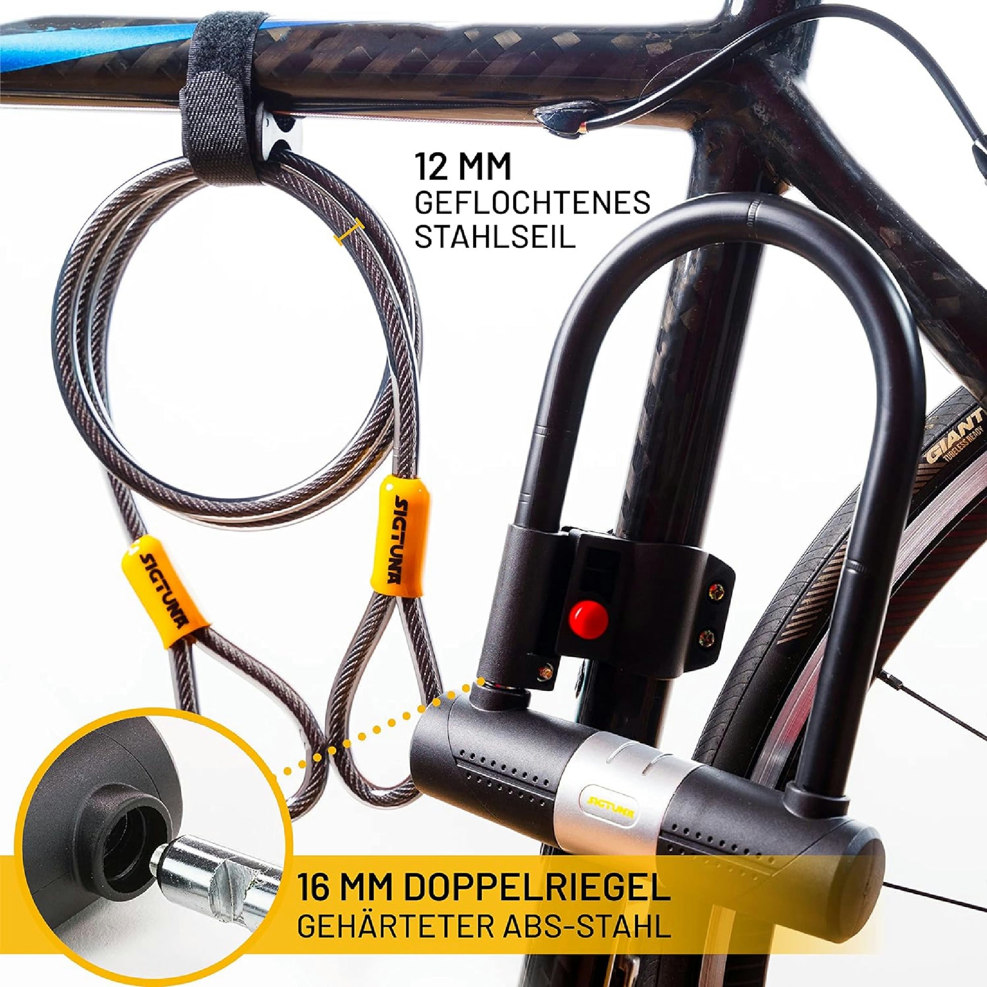 SIGTUNA Antivol Velo avec 1,2m Câble, 16 mm Robuste Antivol de Vélo et Support, 3 Clés de Haute Sécurité pour Vélo de Route, Vélo Pliant, Moto (Jaune) Hauptansicht