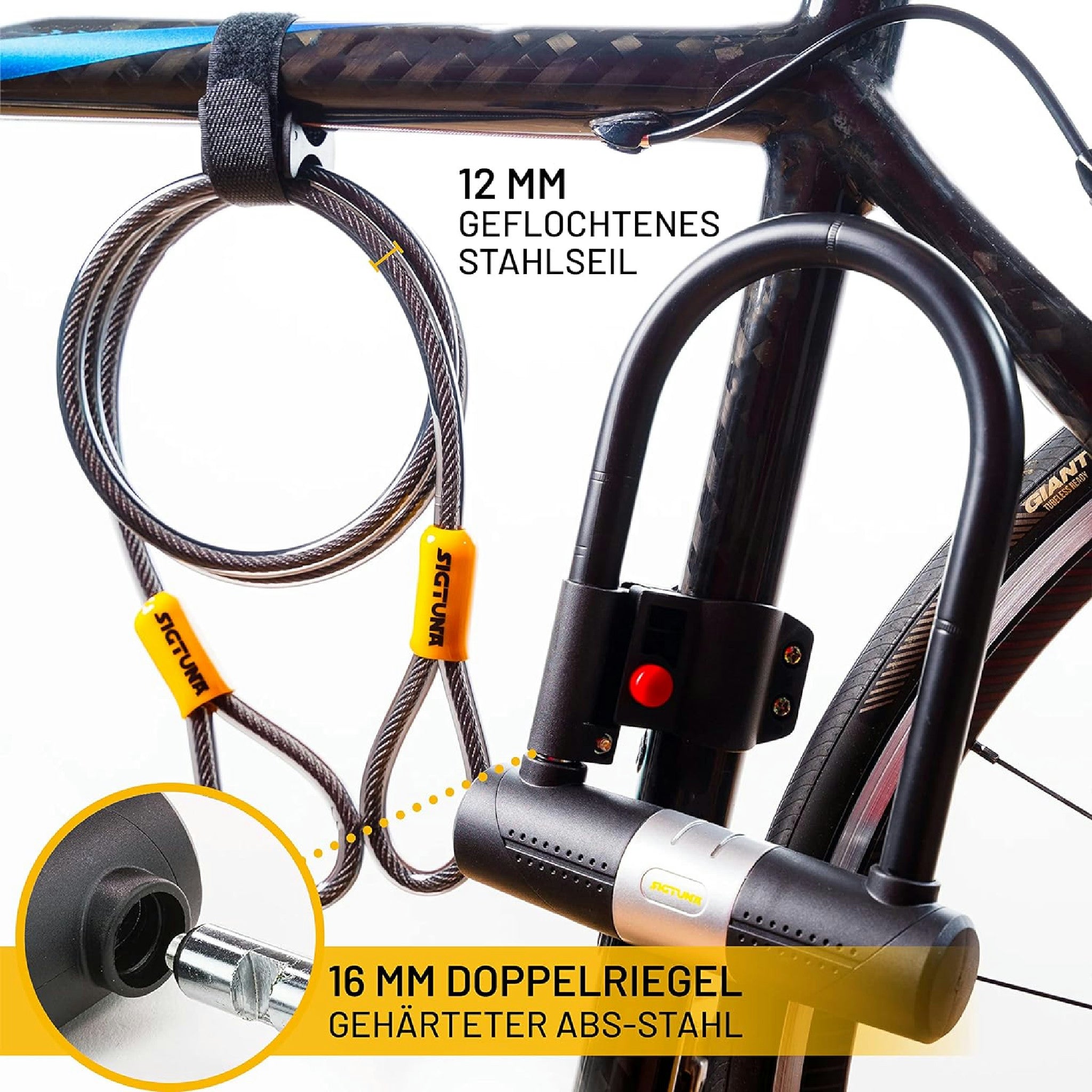SIGTUNA Antivol Velo avec 1,2m Câble, 16 mm Robuste Antivol de Vélo et Support, 3 Clés de Haute Sécurité pour Vélo de Route, Vélo Pliant, Moto (Jaune) Hauptansicht