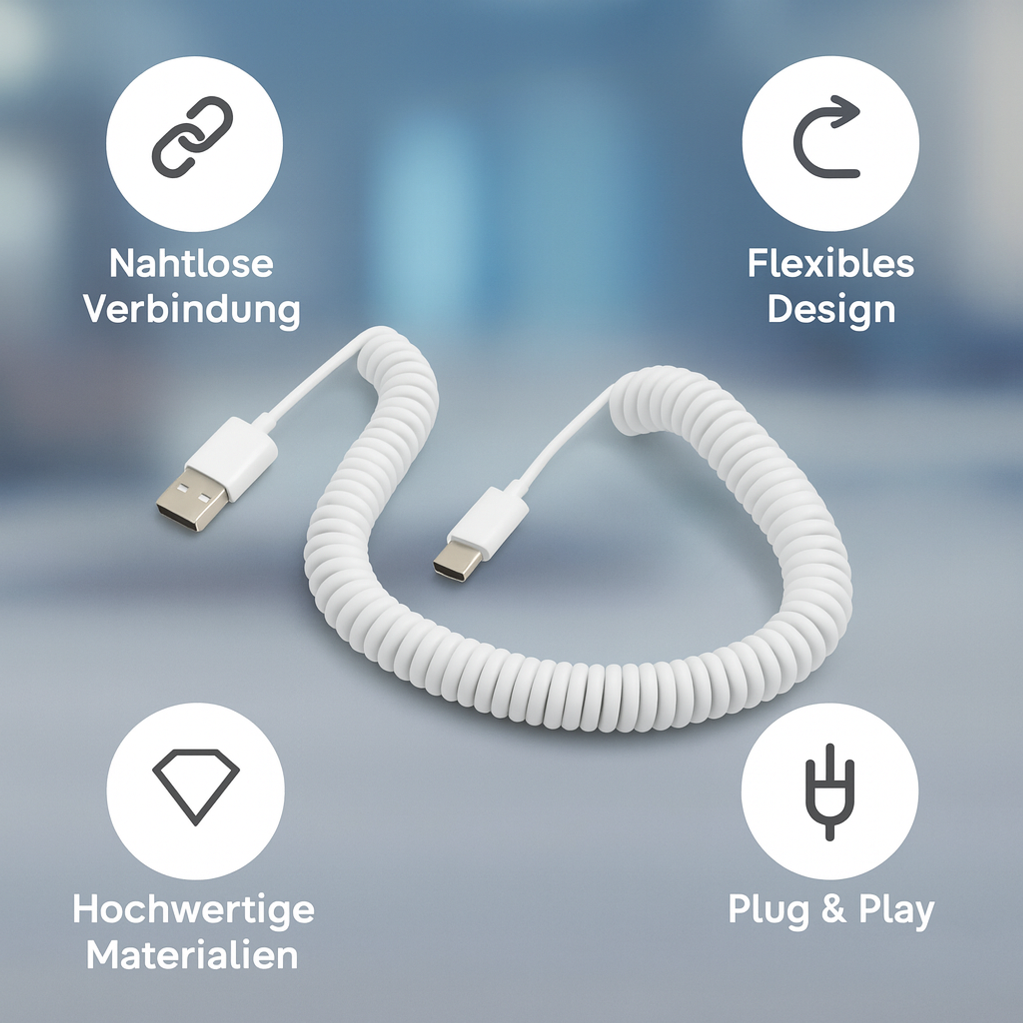 Spiralkabel USB-C auf USB-A 100–200 cm weiß USB 2.0 | System-S