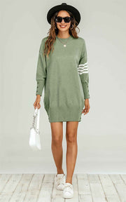 Knitted Tunic Jumper Dress With White Stripe In Olive