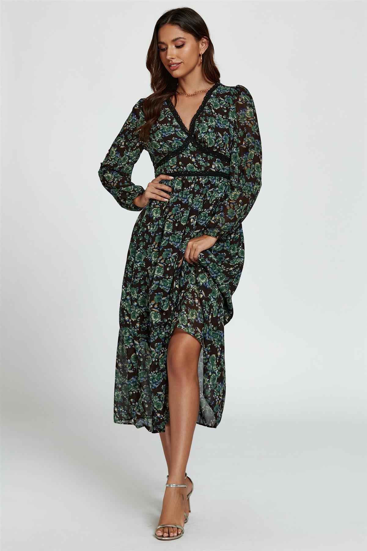 Floral Print Long Sleeve Midi Dress In Brown