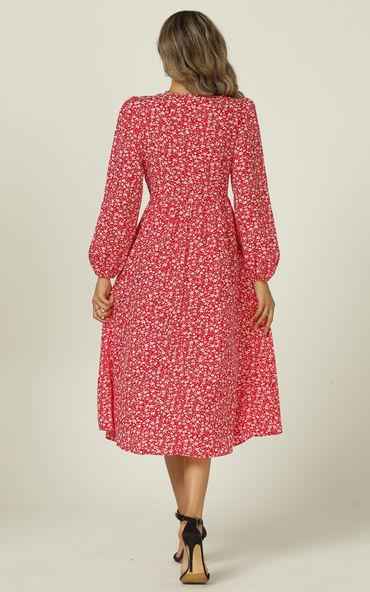 Button Down V Neck Long Sleeve Midi Dress In Red Floral Print