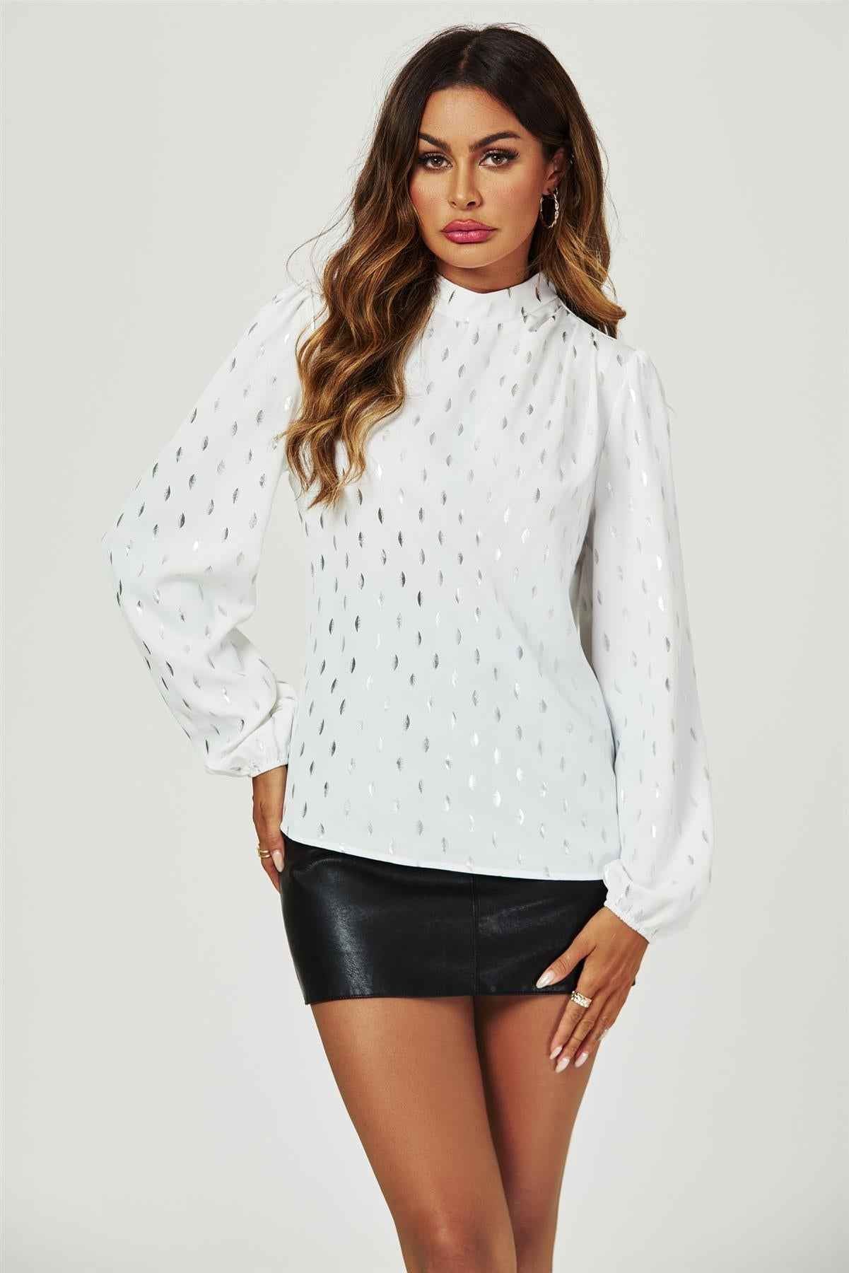 Silver Foil Long Sleeve High Neck Top In White