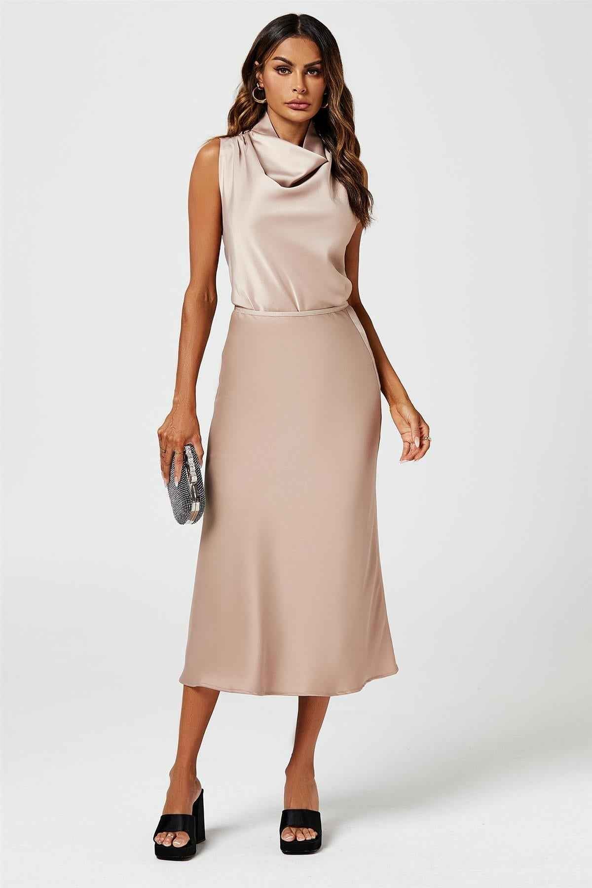Satin High Neck Sleeveless Blouse In Light Brown