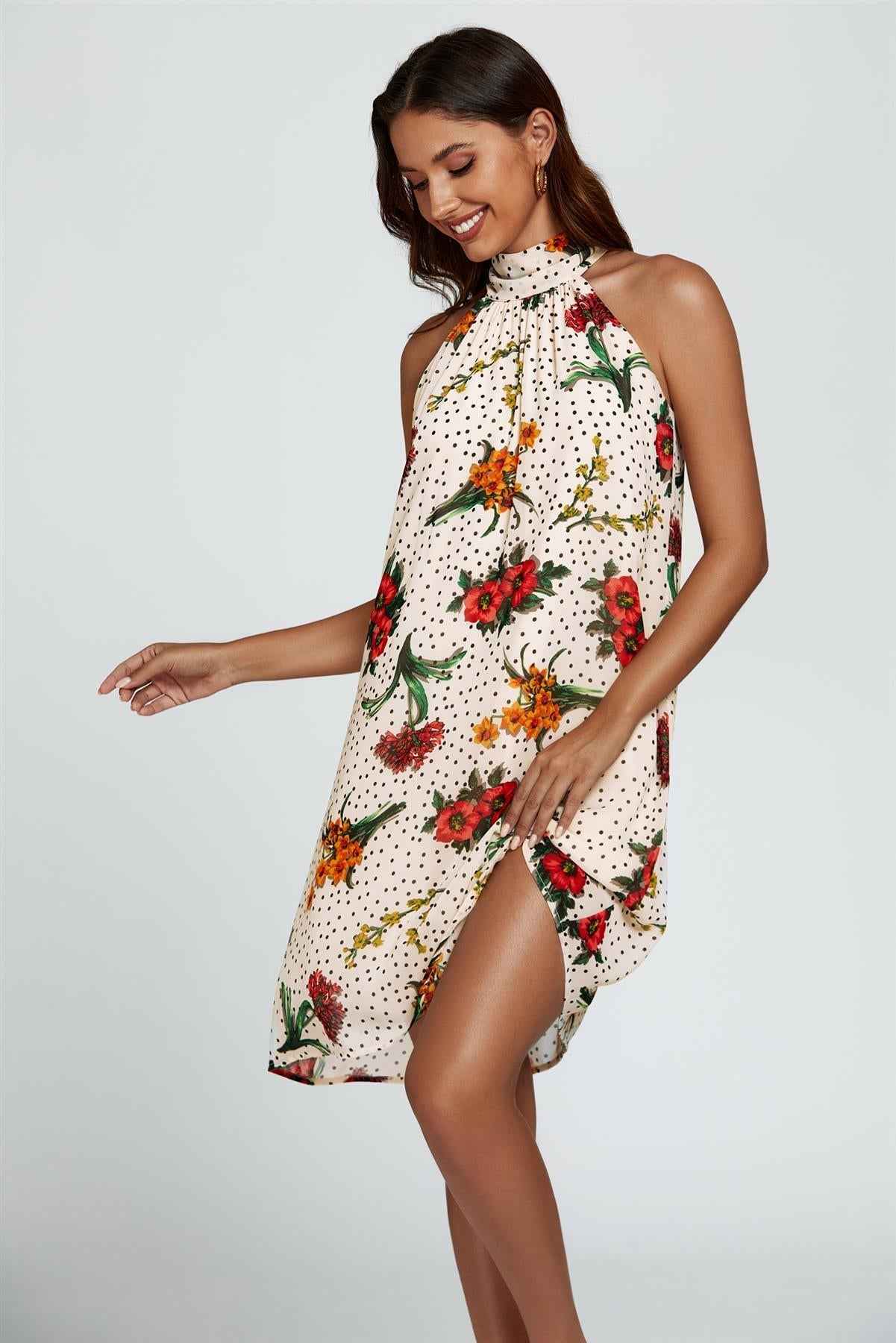 Floral Print Halter Neck Tie Back Mini Dress In Off White