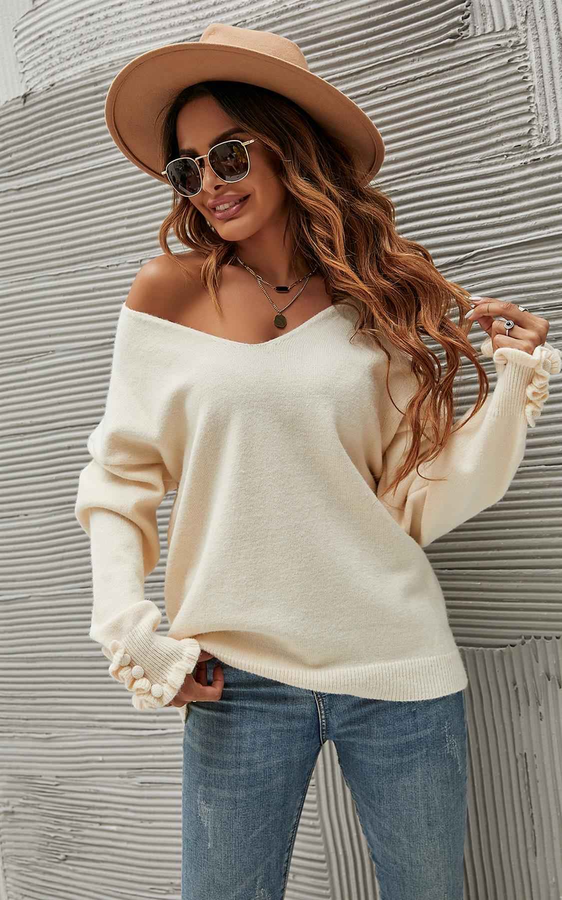 Soft V Neck Frill Detail Long Sleeve Jumper Top In Light Beige