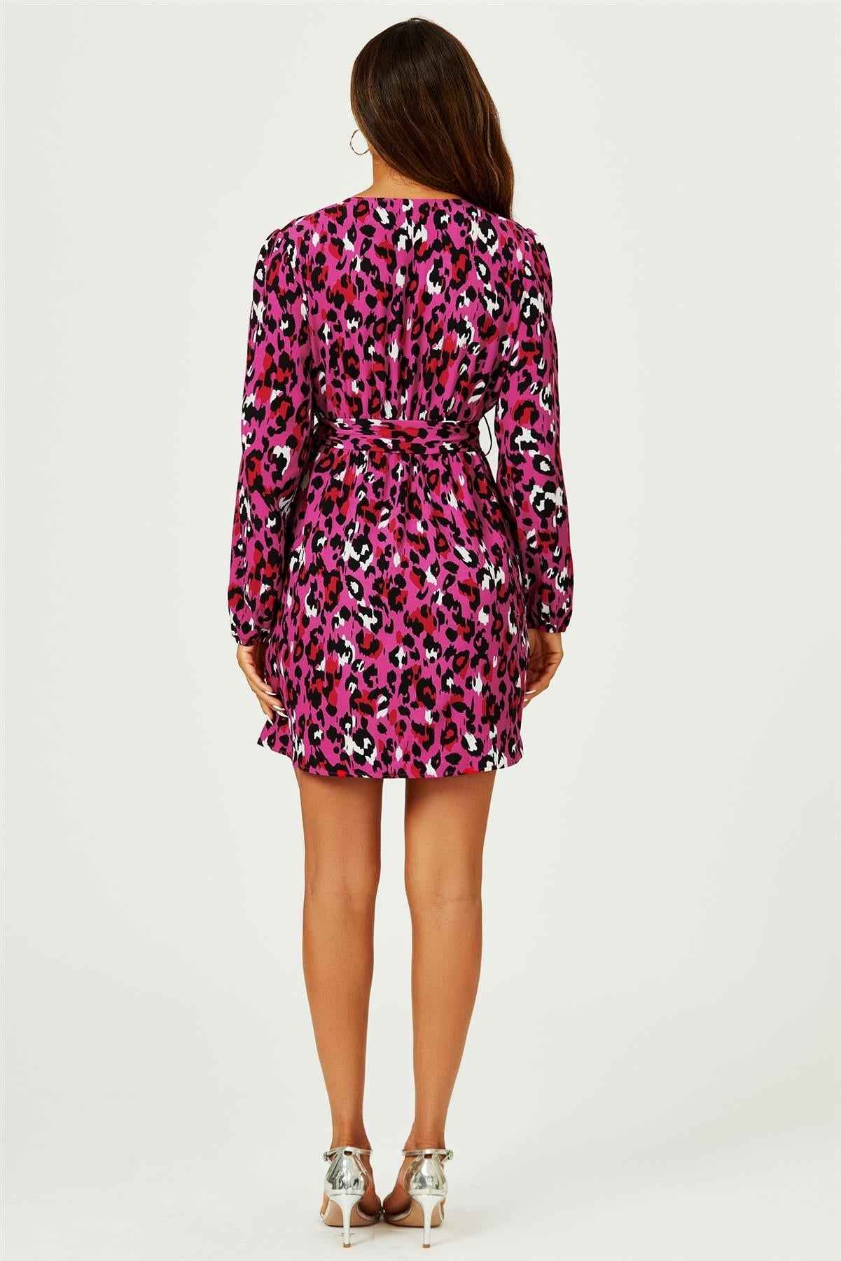 Leopard Print Wrap Top Mini Dress In Magenta