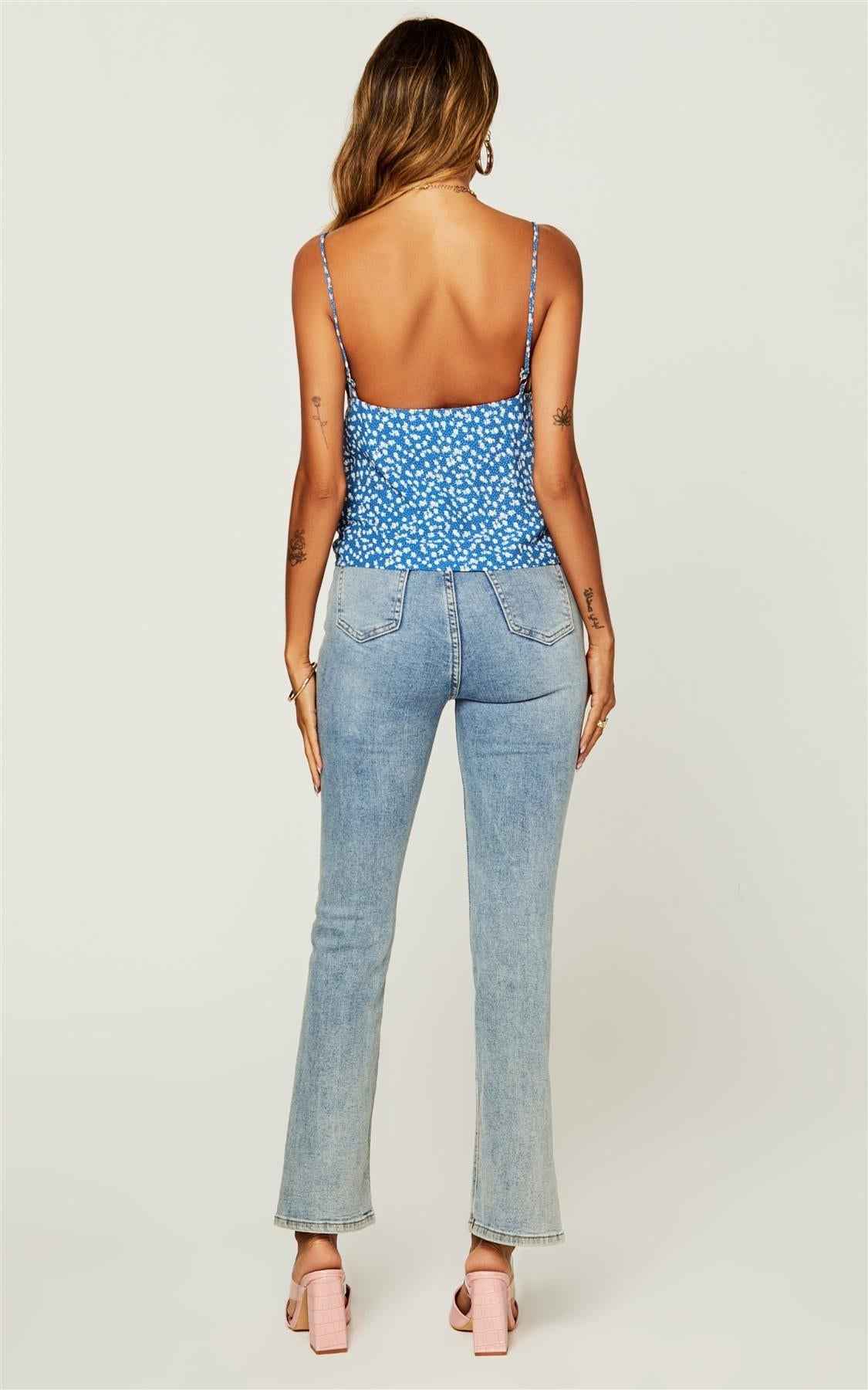 Peaty Summer Floral Print Cowl Neck Cami Top in Blue