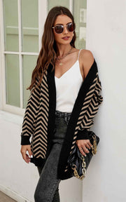 Relaxed Geometric Intarsia Cozy Soft Cardigan In Beige & Black