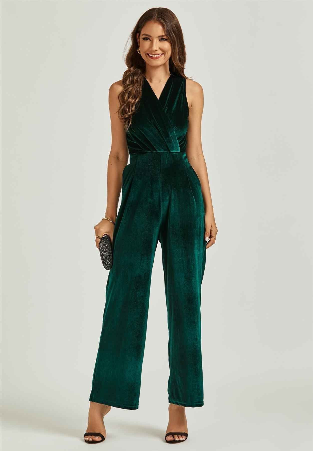 Velvet Wrap Jumpsuit In Green
