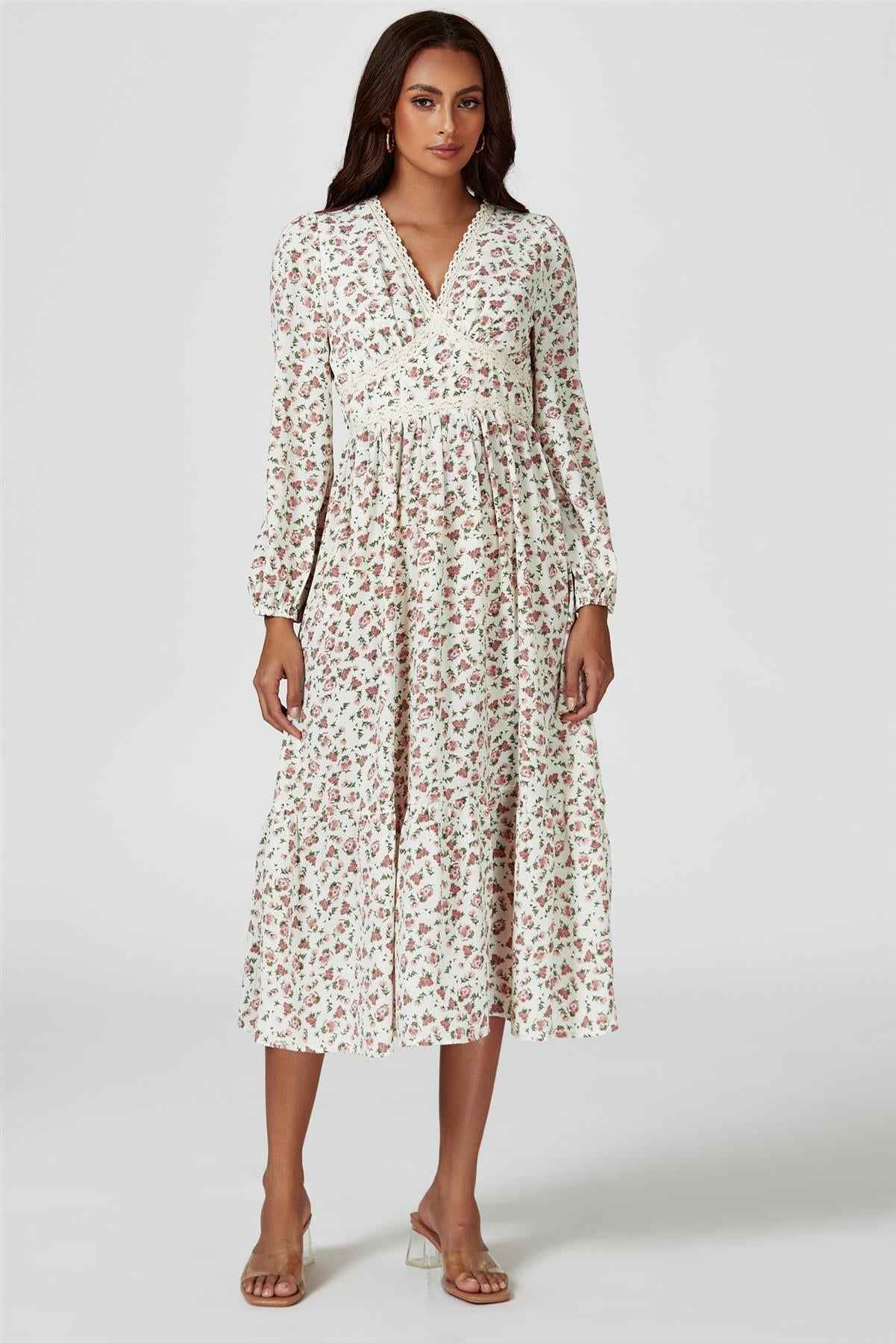 Floral Print Long Sleeve Midi Dress In White