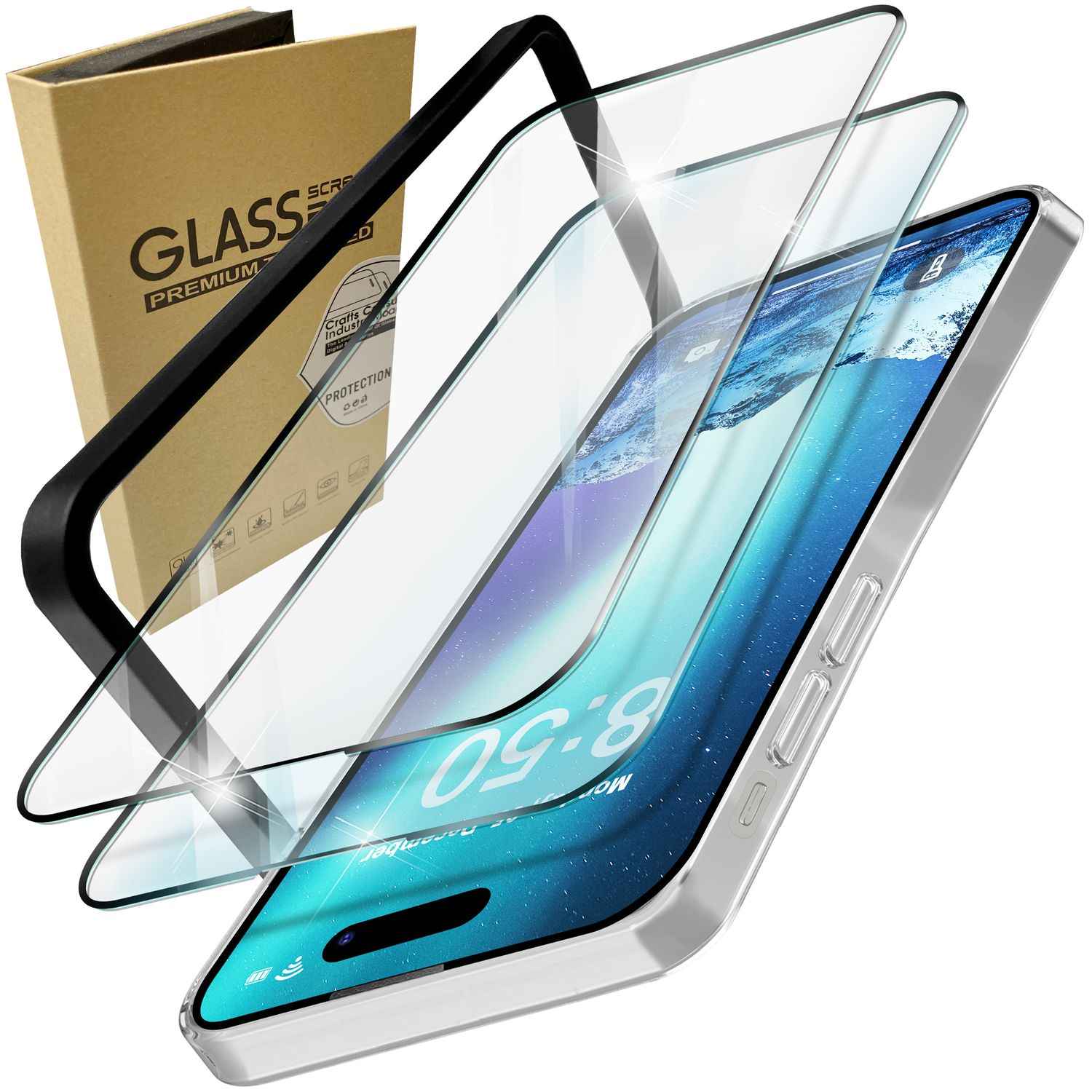 2x Schutzglas mit Applikator für iPhone 15 Pro 9H Full Display Schutz Glas Folie