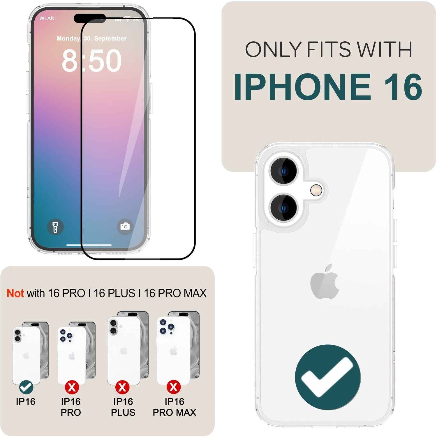 NALIA Set [3-in-1] 2x Schutzglas & 1x Montage Rahmen für iPhone 16, Klar Transparenter Displayschutz Gehärtete Glasfolie