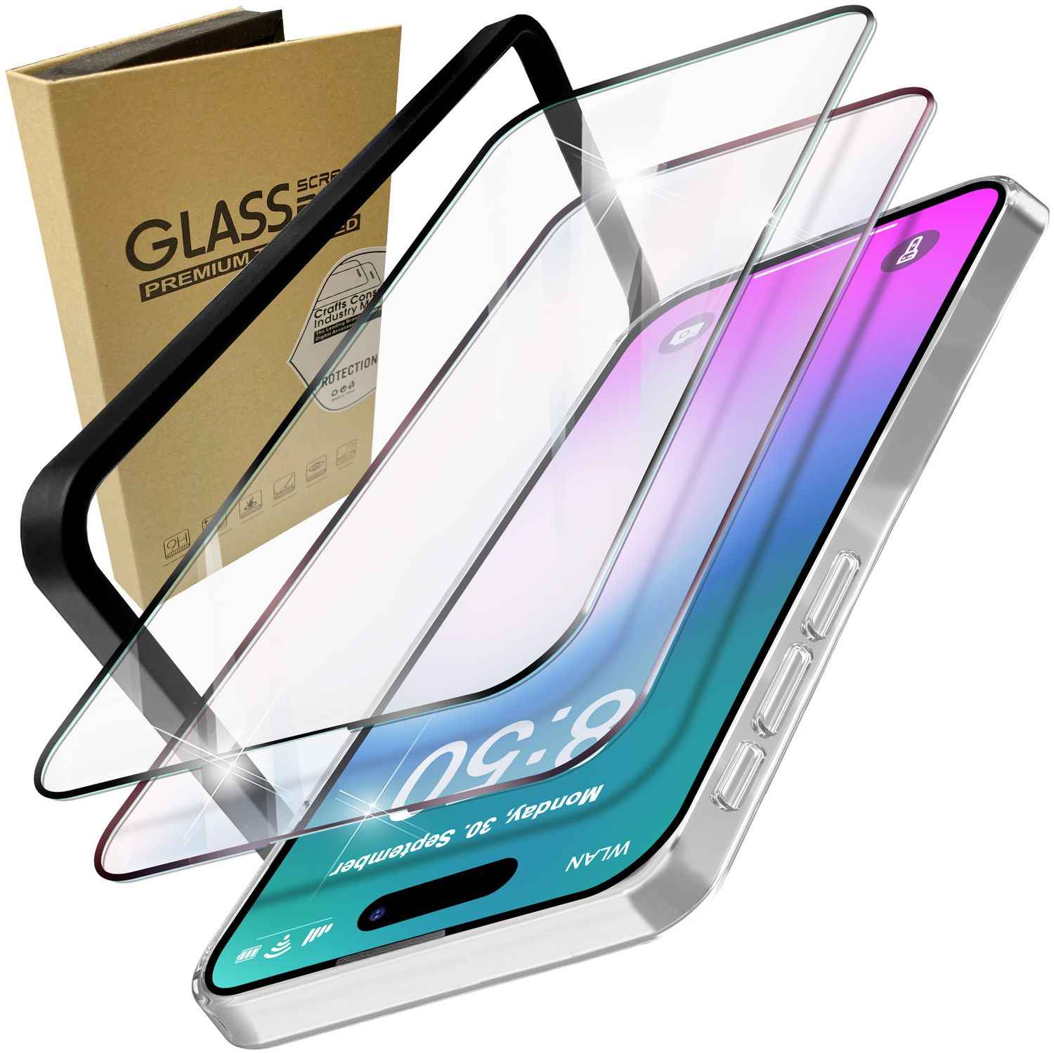 NALIA Set [3-in-1] 2x Schutzglas & 1x Montage Rahmen für iPhone 16, Klar Transparenter Displayschutz Gehärtete Glasfolie