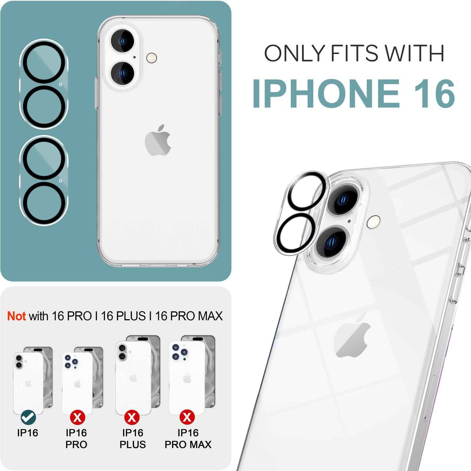 NALIA 2x Kamera Schutzglas für iPhone 16, Klarer Linsenschutz für Rückkamera, Transparenter Kameraschutz, Kameraglas