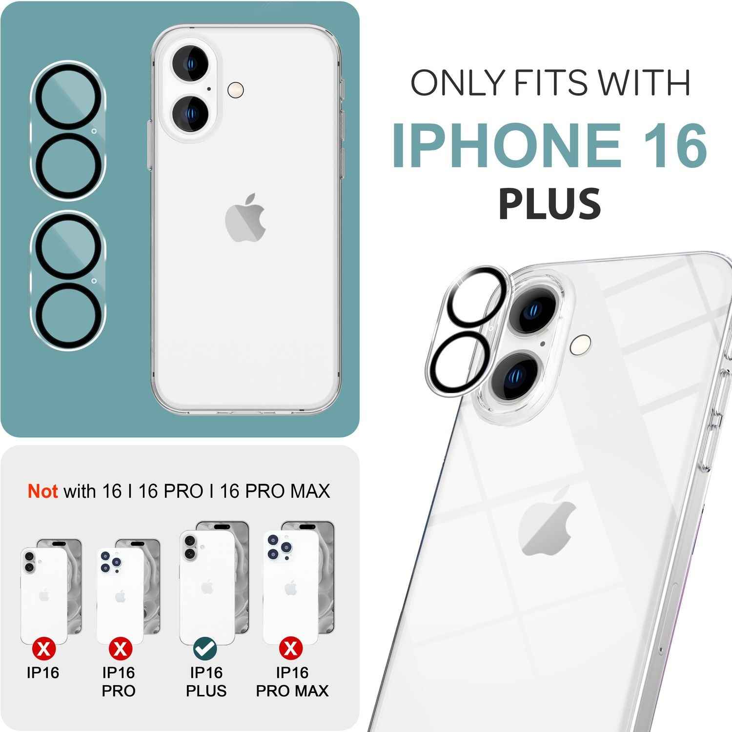 NALIA 2x Kamera Schutzglas für iPhone 16 Plus, Klarer Linsenschutz für Rückkamera, Transparenter Kameraschutz Kameraglas