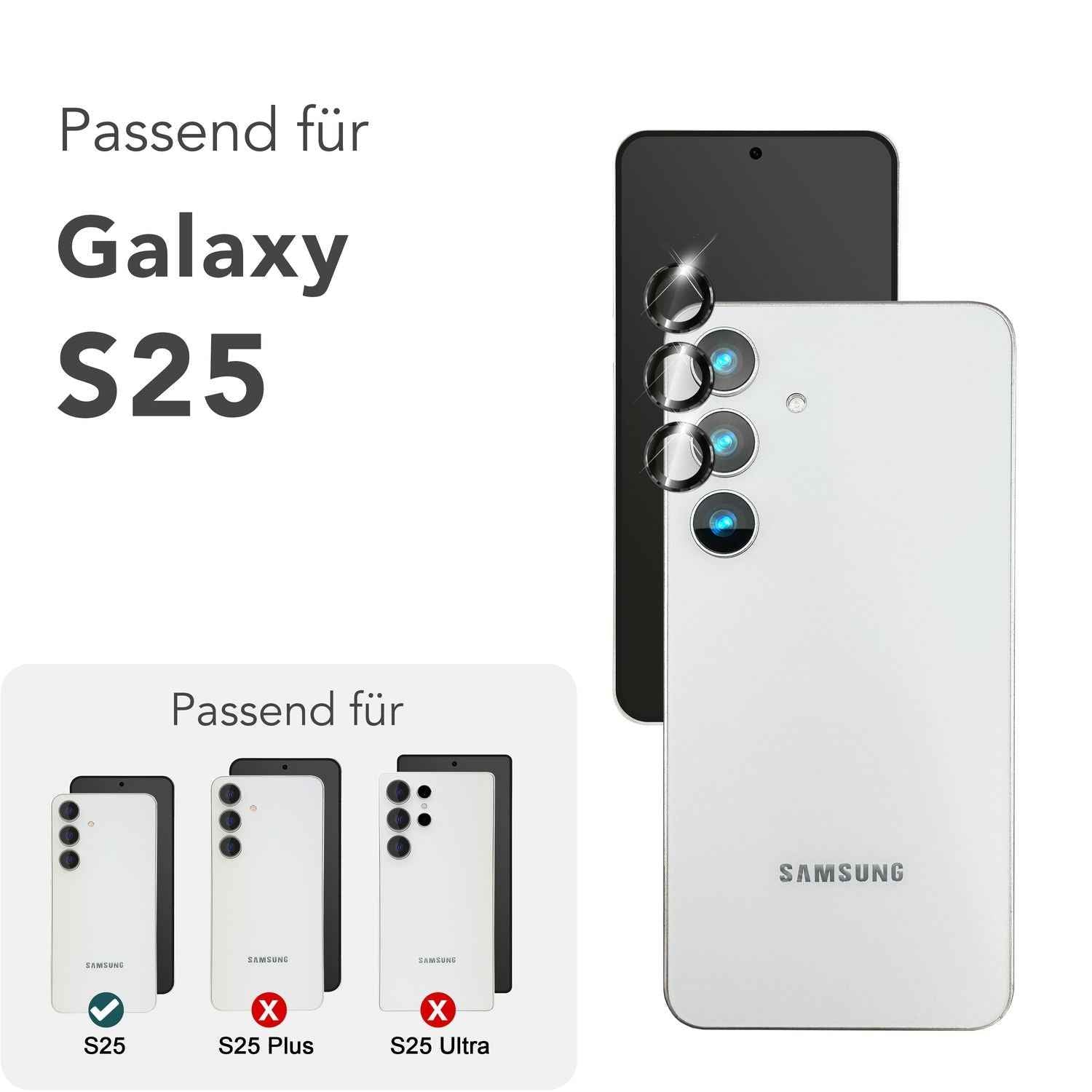 NALIA Focus.Pro CLX für Samsung Galaxy S25 Glas, Reflexionsfreier Kameraschutz, Einzeln Klare Schutzglas Ringe mit Farbrahmen, 9H Linsenschutz für Rück-Kamera, 3 Stück