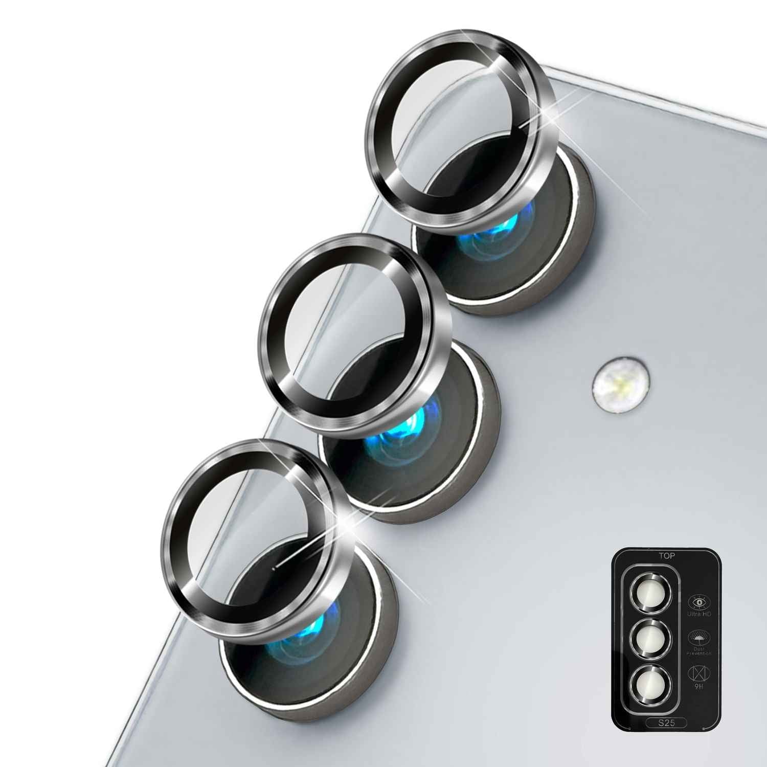 NALIA Focus.Pro CLX für Samsung Galaxy S25 Glas, Reflexionsfreier Kameraschutz, Einzeln Klare Schutzglas Ringe mit Farbrahmen, 9H Linsenschutz für Rück-Kamera, 3 Stück