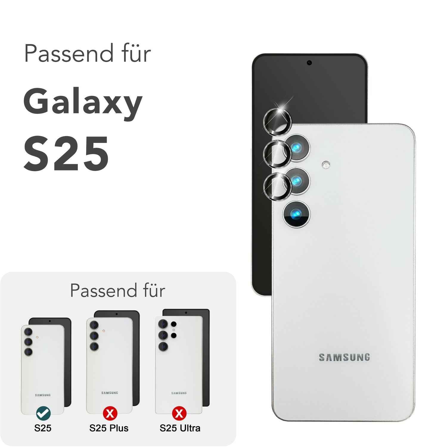 NALIA Focus.Pro CLX für Samsung Galaxy S25 Glas, Reflexionsfreier Kameraschutz, Einzeln Klare Schutzglas Ringe mit Farbrahmen, 9H Linsenschutz für Rück-Kamera, 3 Stück
