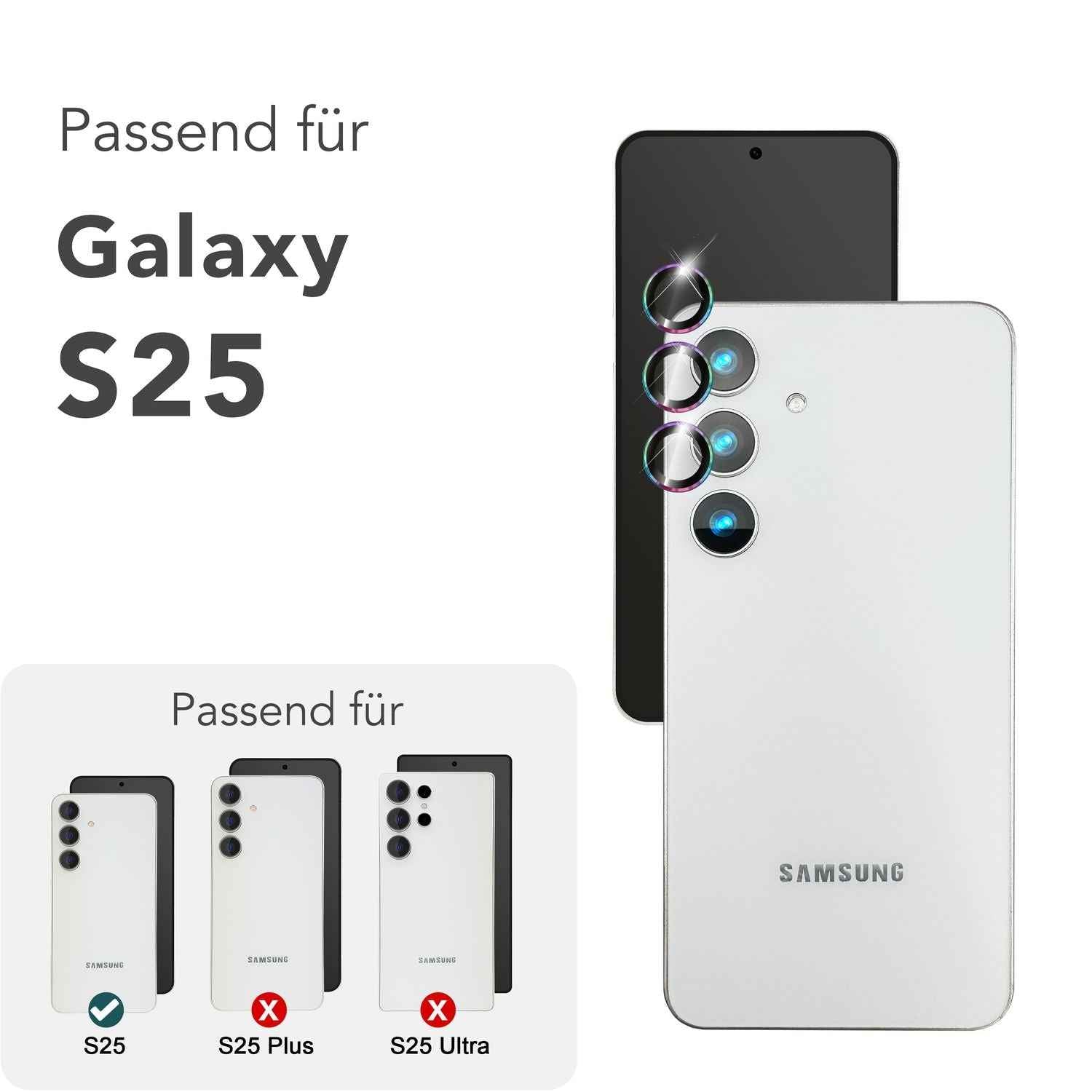 NALIA Focus.Pro CLX für Samsung Galaxy S25 Glas, Reflexionsfreier Kameraschutz, Einzeln Klare Schutzglas Ringe mit Farbrahmen, 9H Linsenschutz für Rück-Kamera, 3 Stück