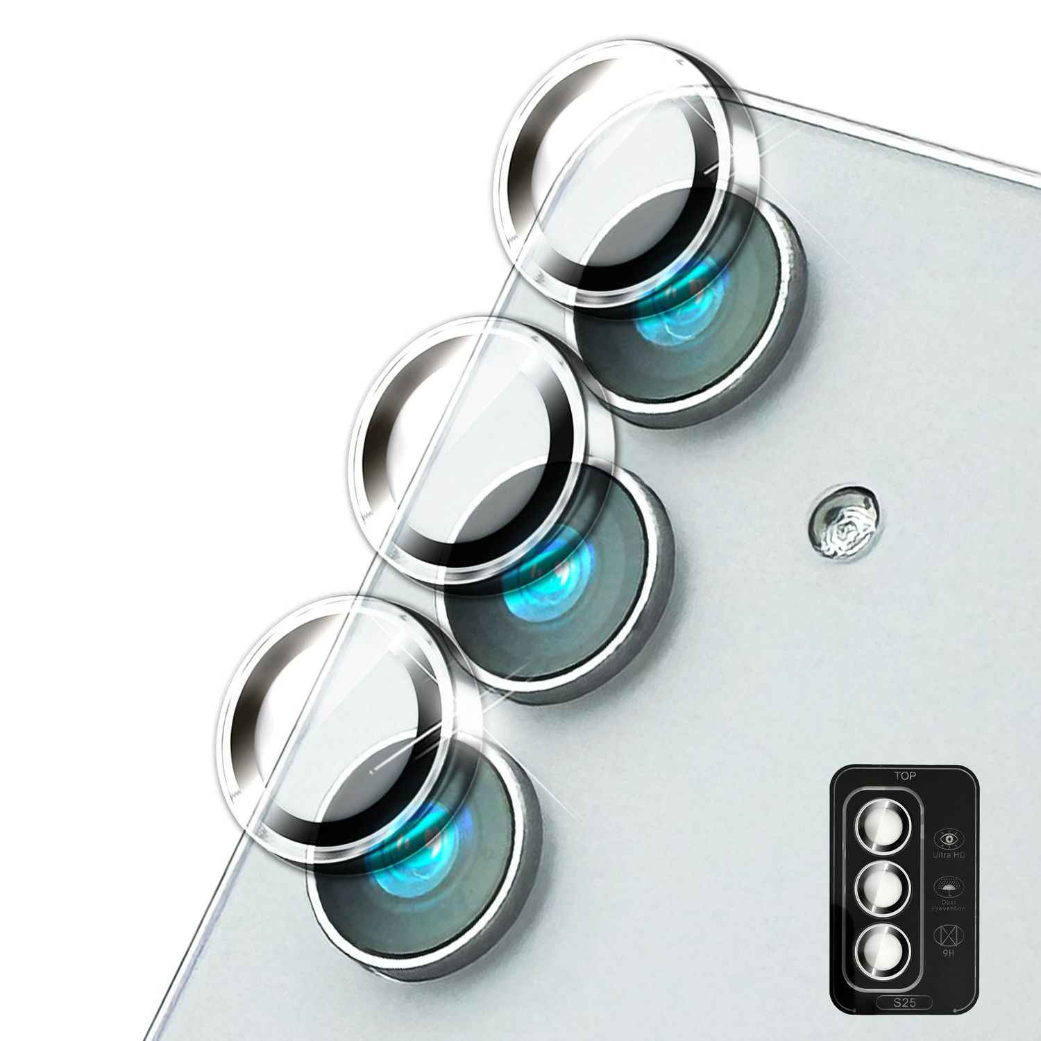 NALIA Focus.Pro CLX für Samsung Galaxy S25 Glas, Reflexionsfreier Kameraschutz, Einzeln Klare Schutzglas Ringe mit Farbrahmen, 9H Linsenschutz für Rück-Kamera, 3 Stück